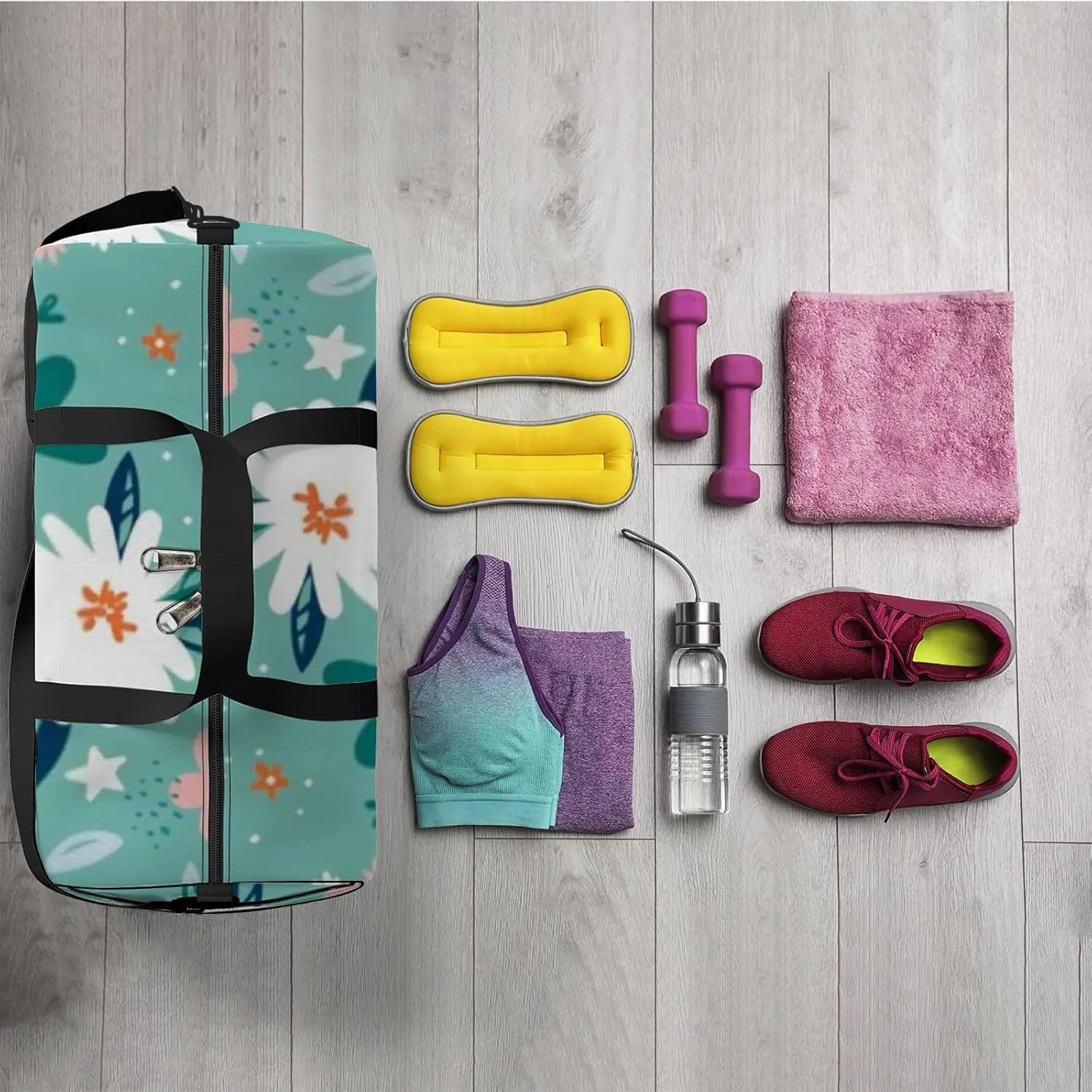 Sports Gym Bag for Women and Men Waterproof Cute Small Flower Green Duffel Bag Lightweight Carryon Traveling Boarding Gripsack