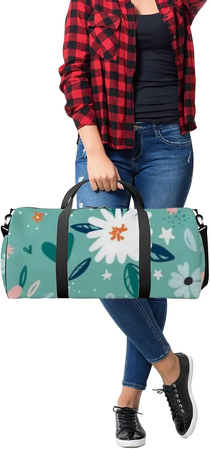 Sports Gym Bag for Women and Men Waterproof Cute Small Flower Green Duffel Bag Lightweight Carryon Traveling Boarding Gripsack