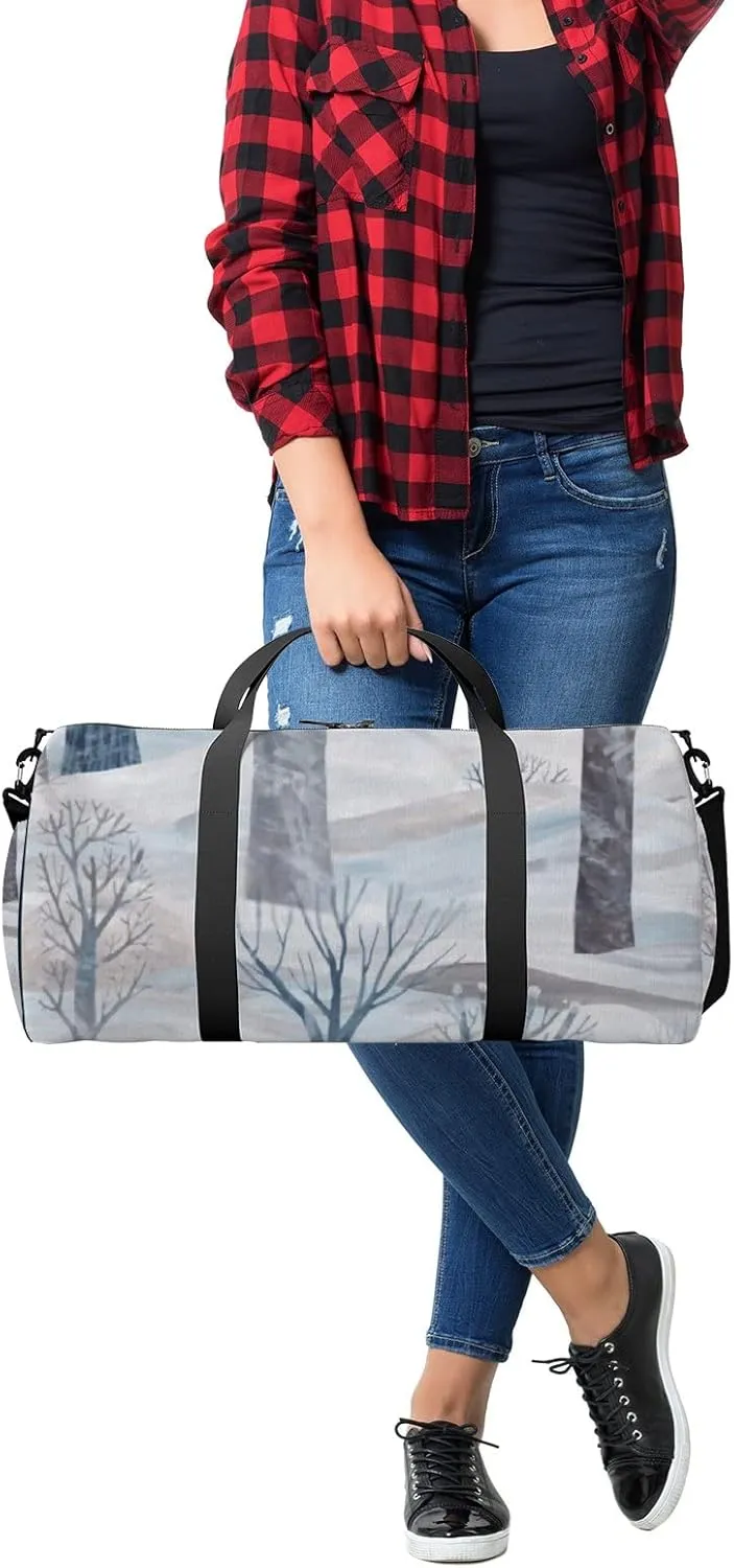 Sports Gym Bag for Women and Men Waterproof Cute Winter Landscape Trees Pastel Colors Duffel Bag Lightweight Carryon Traveling Boarding Gripsack