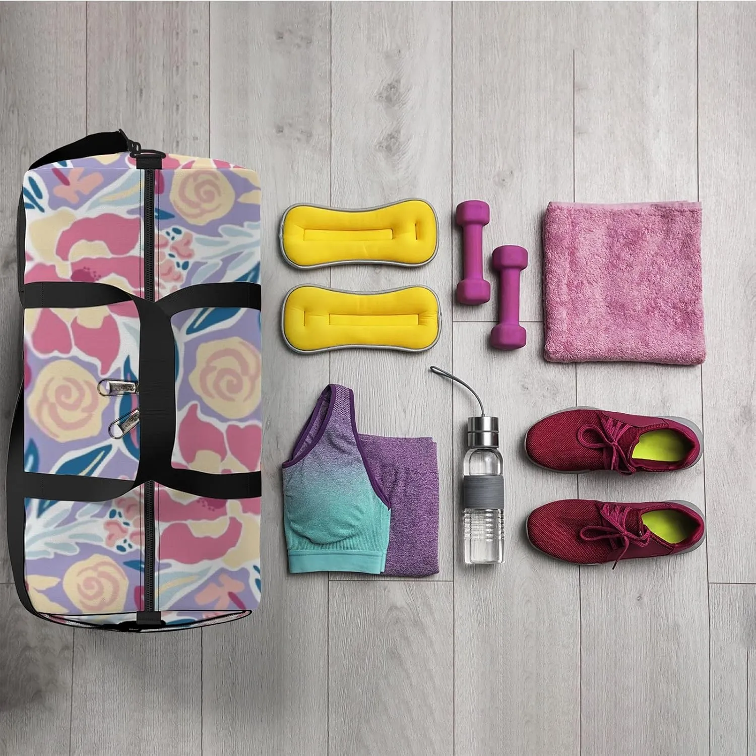 Sports Gym Bag for Women and Men Waterproof Elegant Floral Tropical Small Hand Drawn Flowers Duffel Bag Lightweight Carryon Traveling Boarding Gripsack