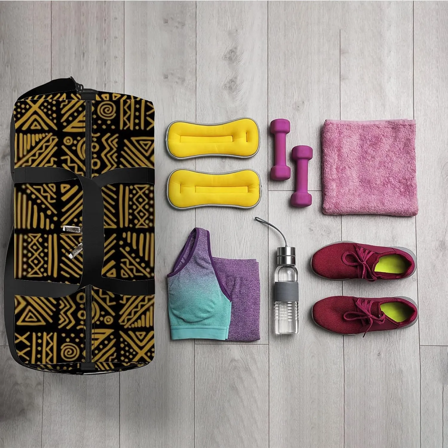 Sports Gym Bag for Women and Men Waterproof Ethnic Tribal Style Duffel Bag Lightweight Carryon Traveling Boarding Gripsack