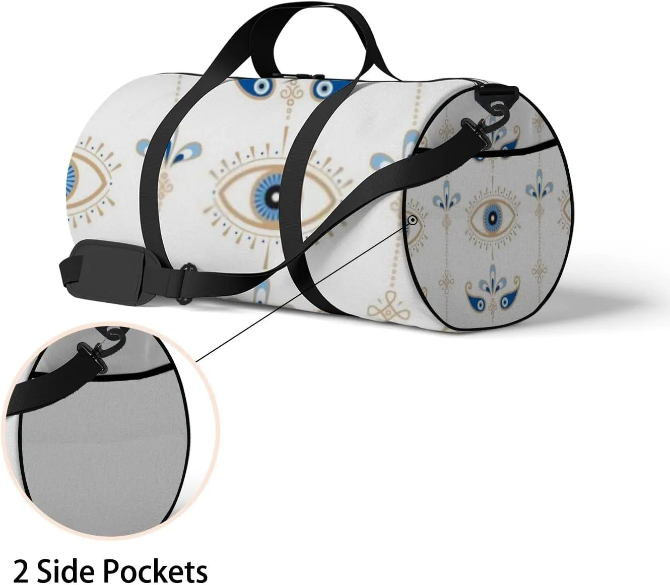 Sports Gym Bag for Women and Men Waterproof Evil Eye Pattern Blue White Golden Duffel Bag Lightweight Carryon Traveling Boarding Gripsack