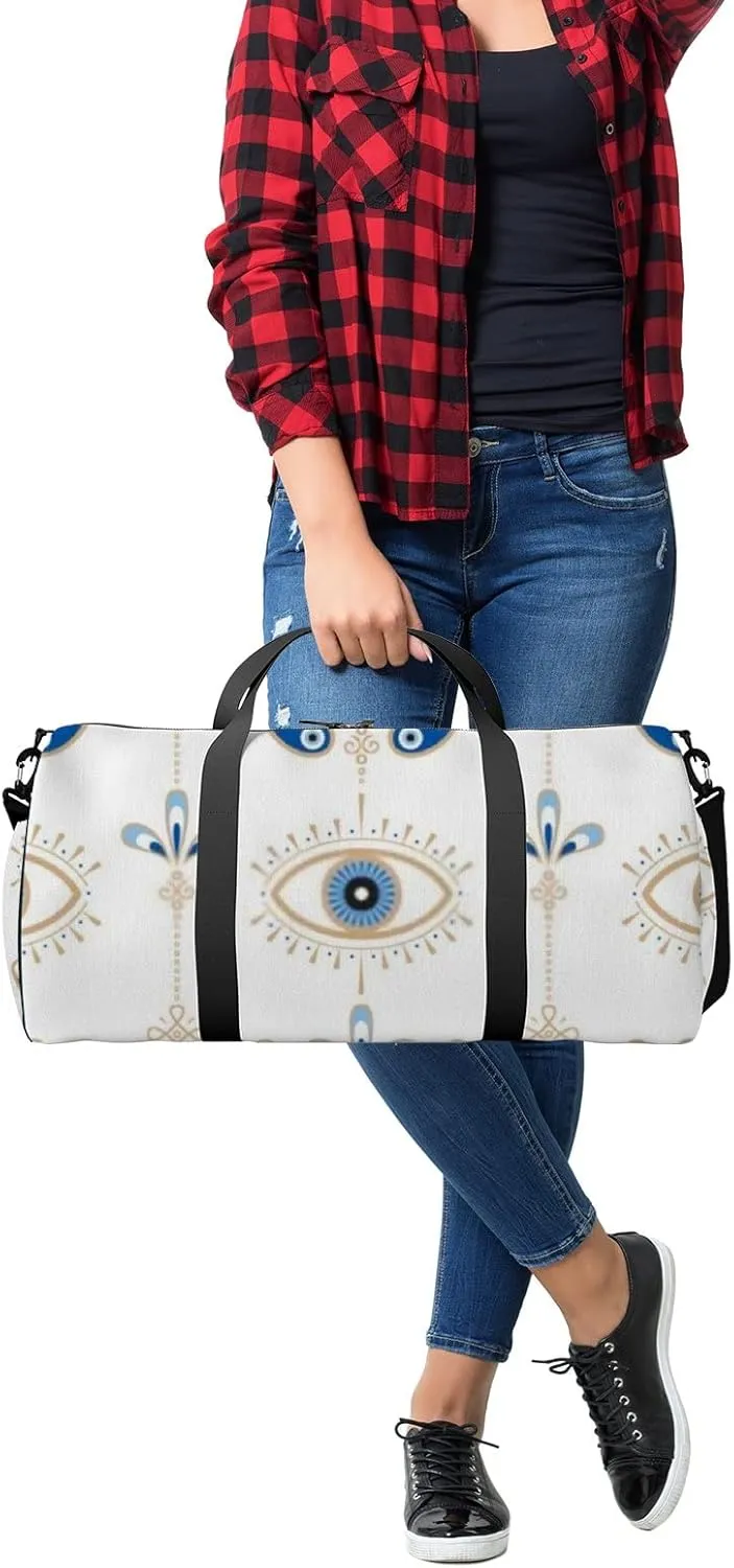 Sports Gym Bag for Women and Men Waterproof Evil Eye Pattern Blue White Golden Duffel Bag Lightweight Carryon Traveling Boarding Gripsack