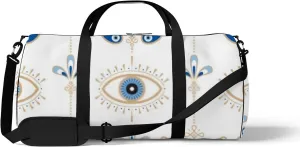 Sports Gym Bag for Women and Men Waterproof Evil Eye Pattern Blue White Golden Duffel Bag Lightweight Carryon Traveling Boarding Gripsack