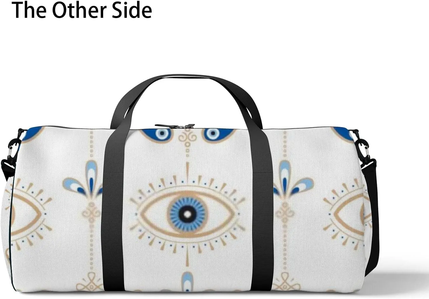 Sports Gym Bag for Women and Men Waterproof Evil Eye Pattern Blue White Golden Duffel Bag Lightweight Carryon Traveling Boarding Gripsack