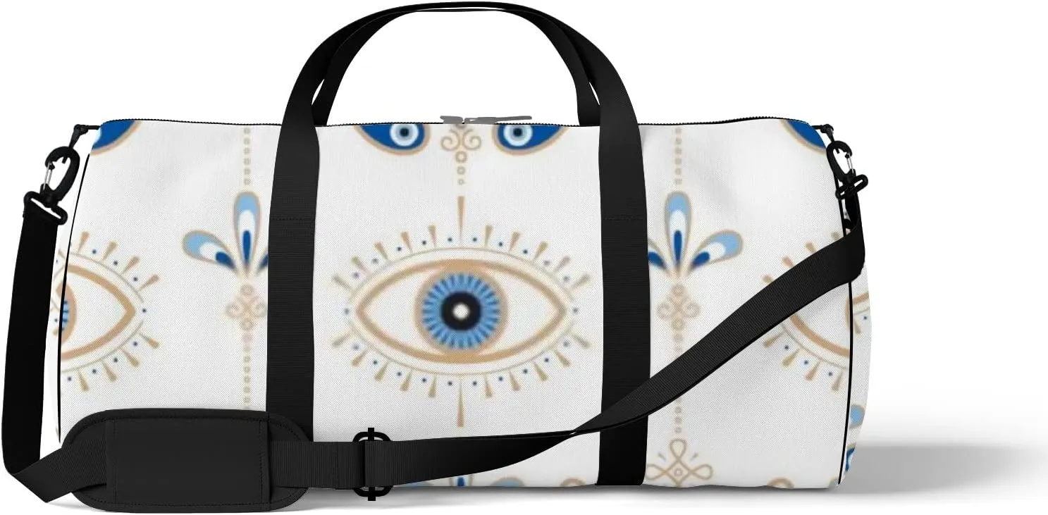 Sports Gym Bag for Women and Men Waterproof Evil Eye Pattern Blue White Golden Duffel Bag Lightweight Carryon Traveling Boarding Gripsack