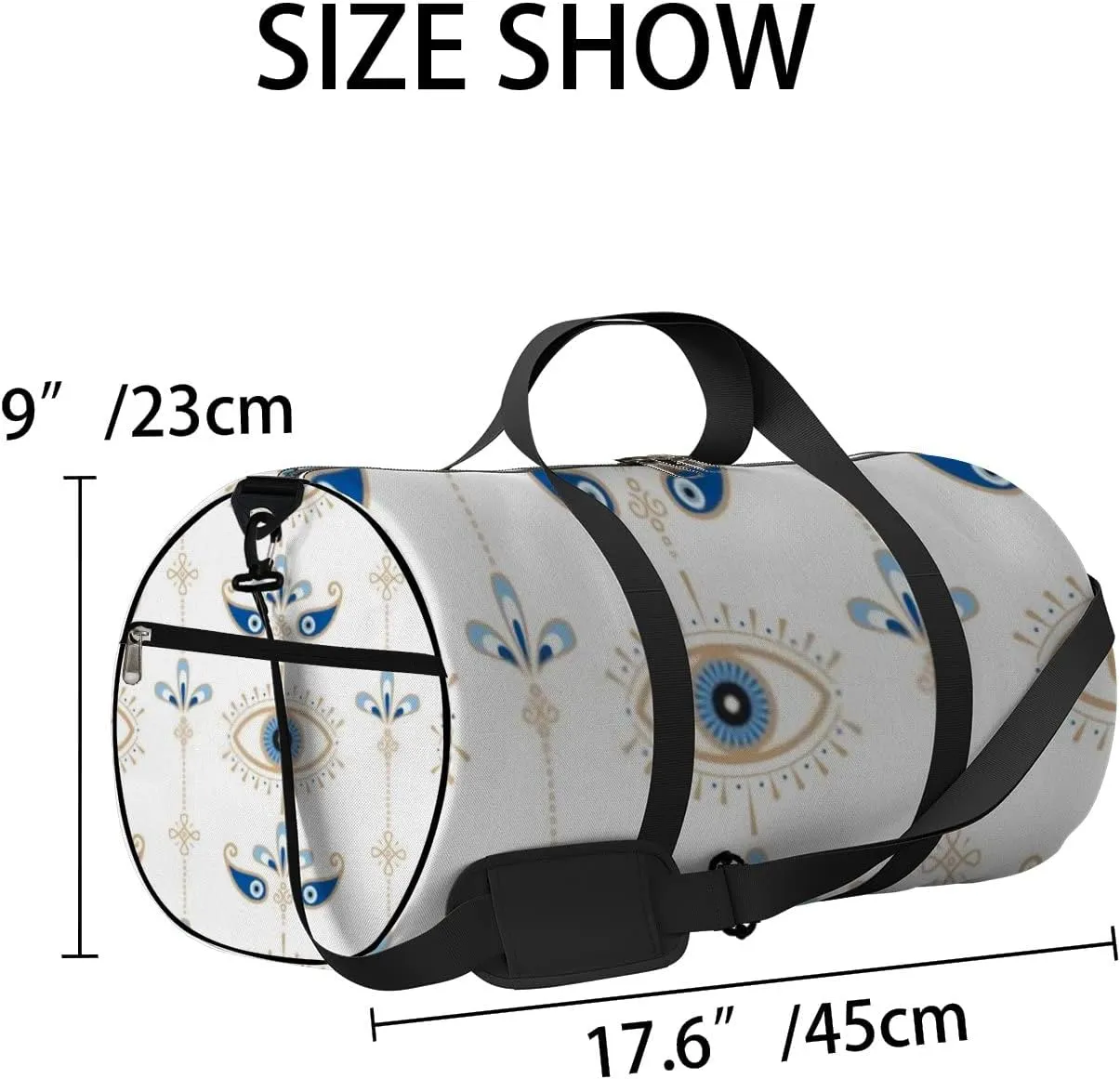 Sports Gym Bag for Women and Men Waterproof Evil Eye Pattern Blue White Golden Duffel Bag Lightweight Carryon Traveling Boarding Gripsack