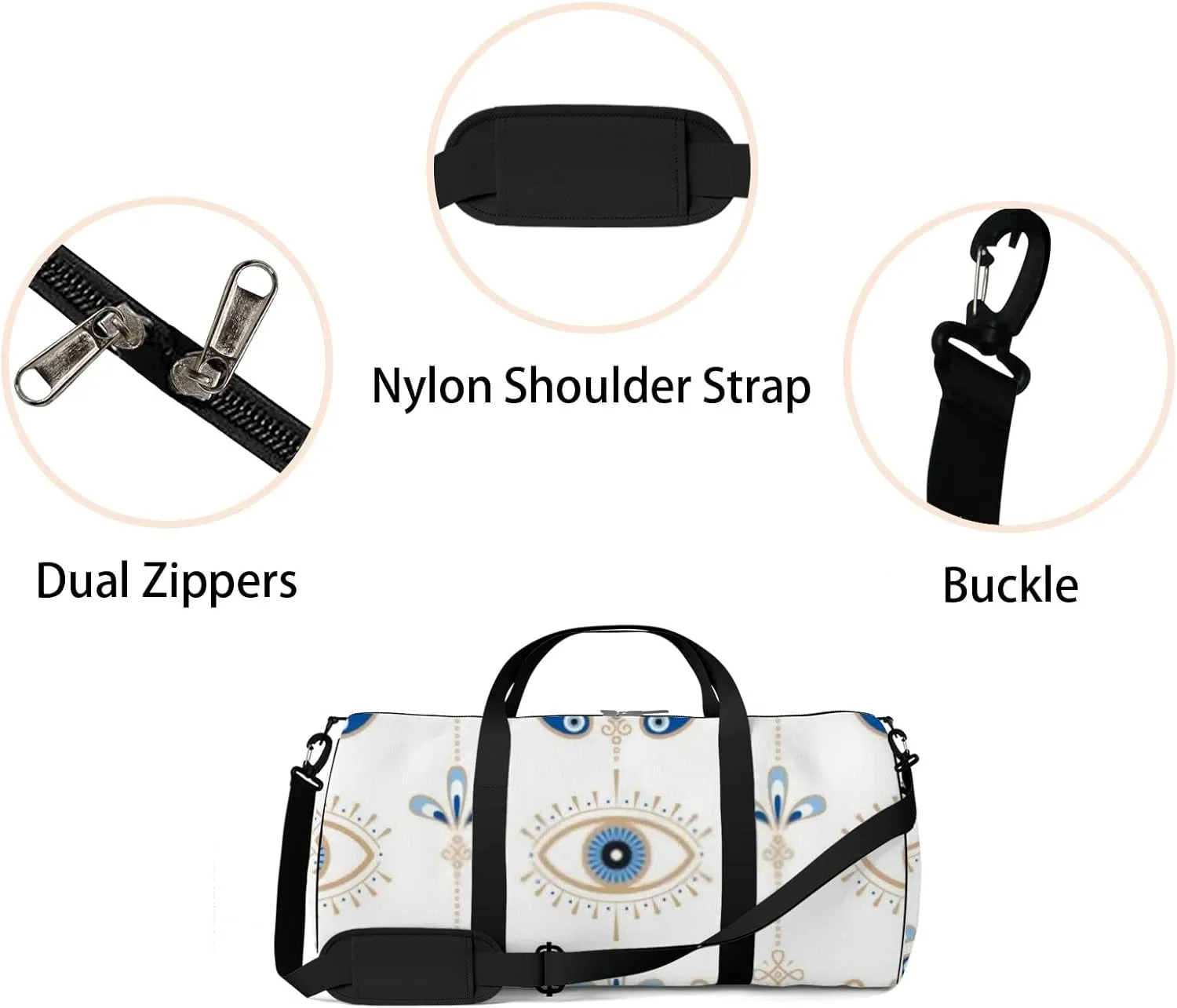 Sports Gym Bag for Women and Men Waterproof Evil Eye Pattern Blue White Golden Duffel Bag Lightweight Carryon Traveling Boarding Gripsack