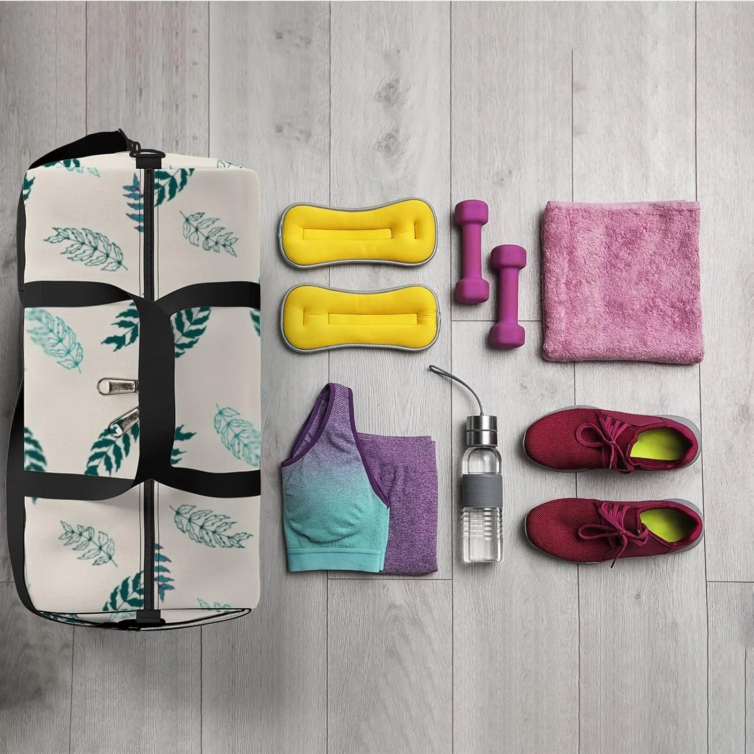 Sports Gym Bag for Women and Men Waterproof Floral Element Pattern Summer Green Duffel Bag Lightweight Carryon Traveling Boarding Gripsack