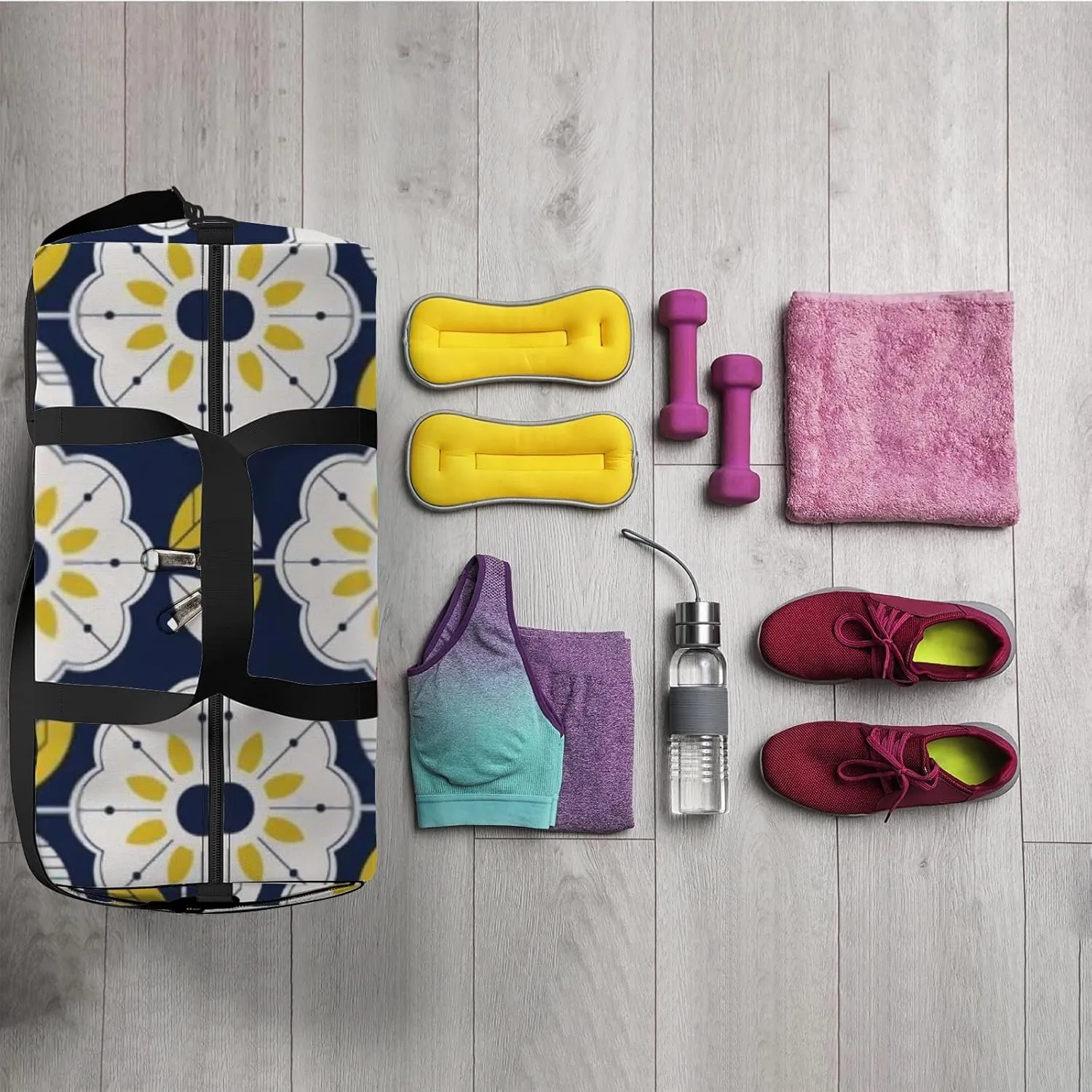 Sports Gym Bag for Women and Men Waterproof Floral Pattern Scandinavian Style Duffel Bag Lightweight Carryon Traveling Boarding Gripsack