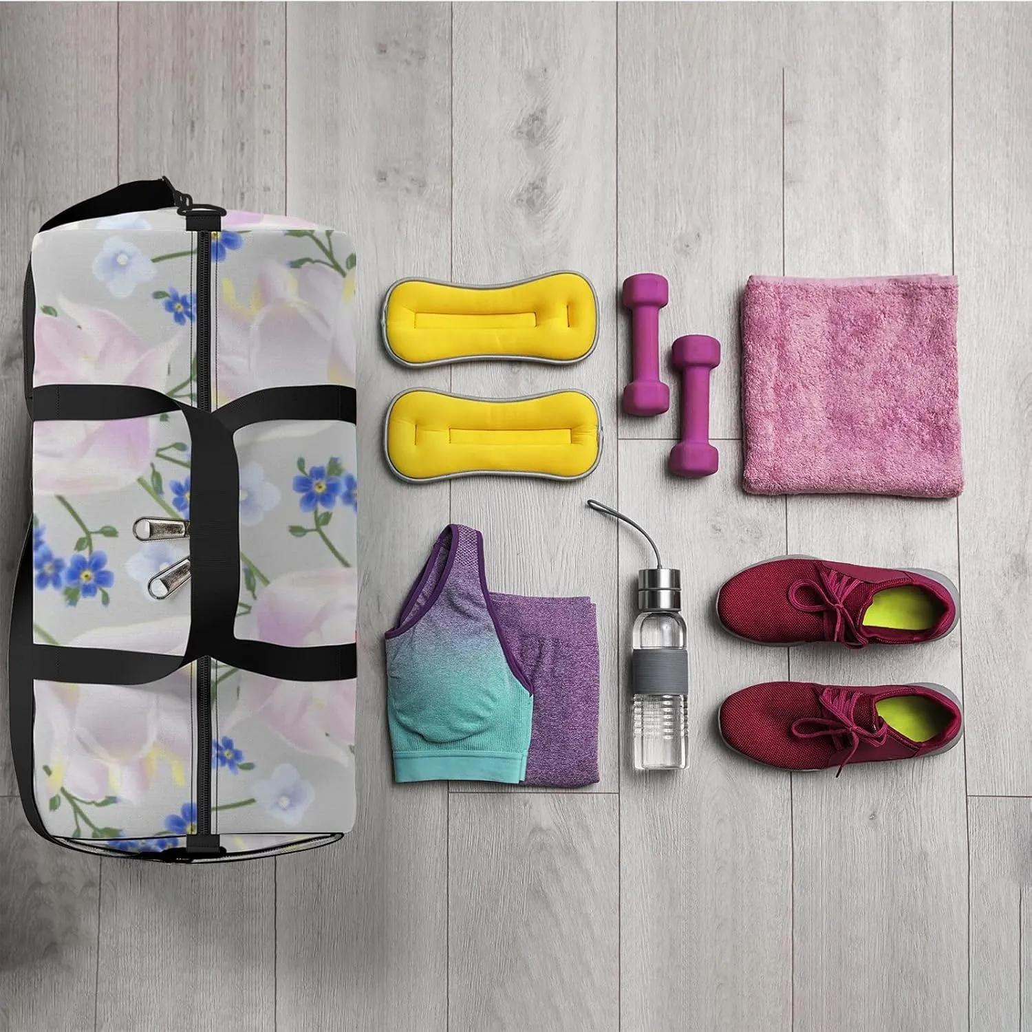 Sports Gym Bag for Women and Men Waterproof Flowers Floral Pattern Blue Pink Duffel Bag Lightweight Carryon Traveling Boarding Gripsack