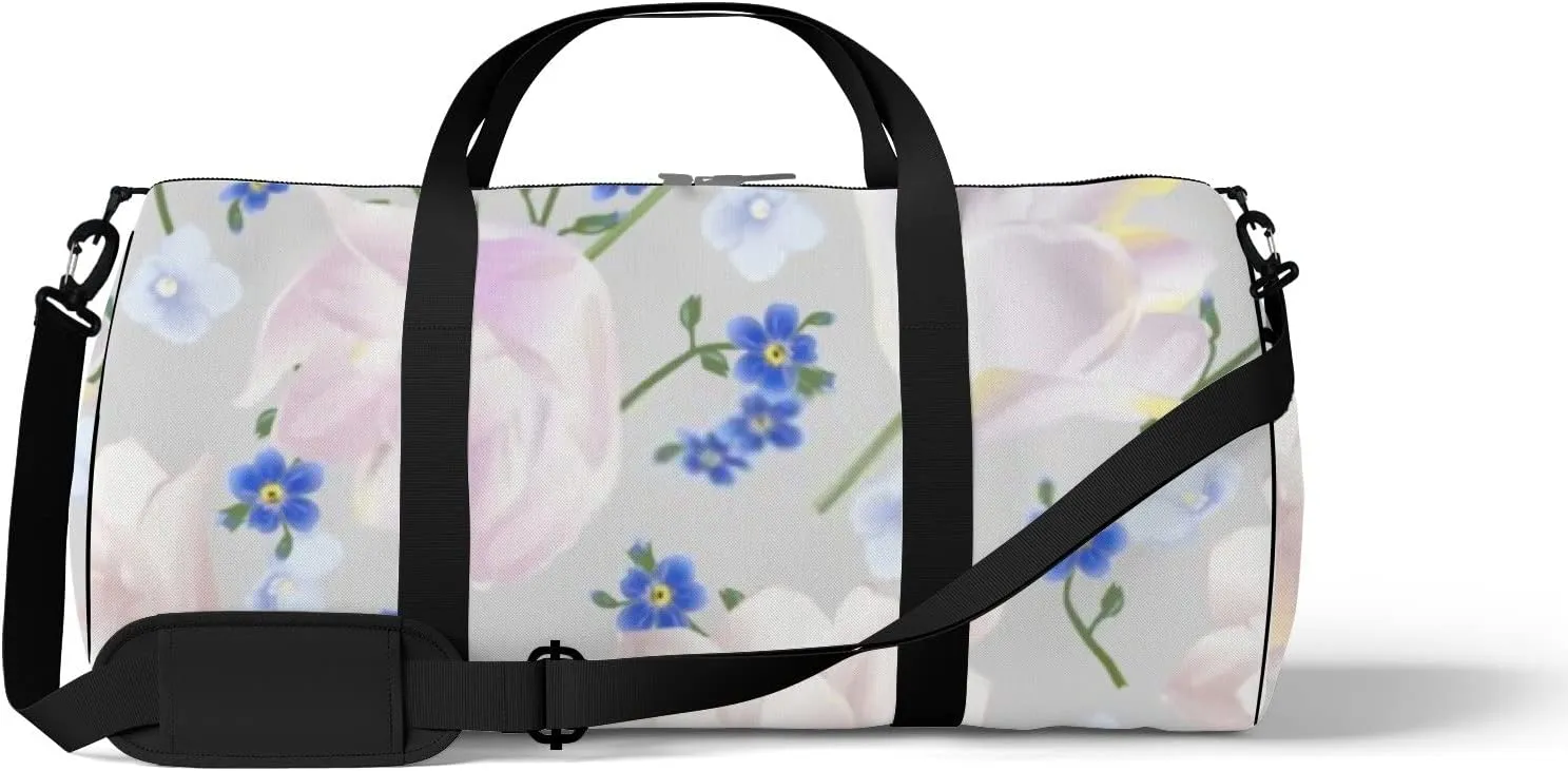 Sports Gym Bag for Women and Men Waterproof Flowers Floral Pattern Blue Pink Duffel Bag Lightweight Carryon Traveling Boarding Gripsack