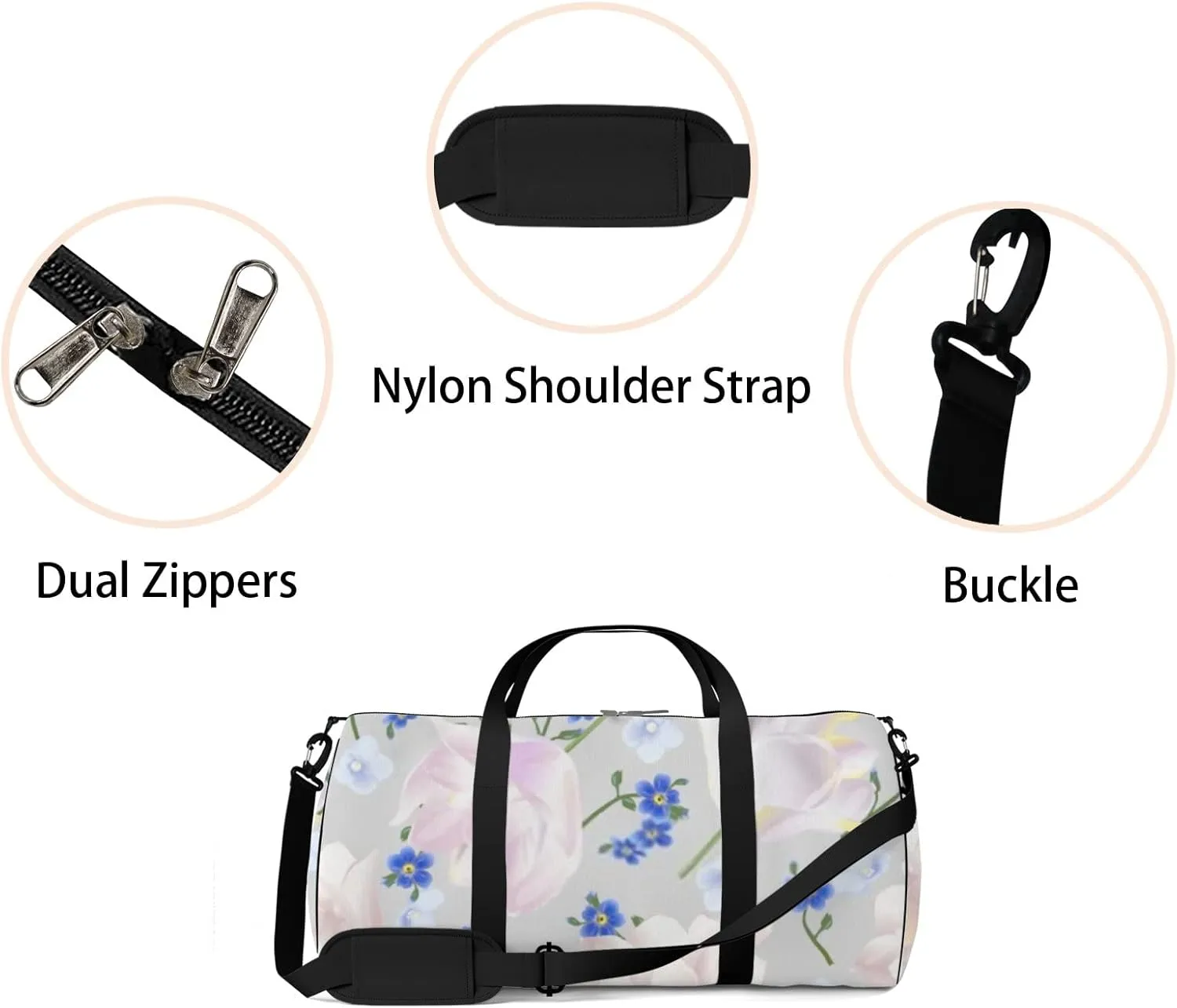Sports Gym Bag for Women and Men Waterproof Flowers Floral Pattern Blue Pink Duffel Bag Lightweight Carryon Traveling Boarding Gripsack