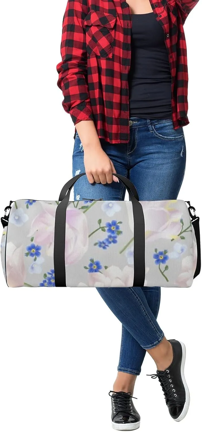 Sports Gym Bag for Women and Men Waterproof Flowers Floral Pattern Blue Pink Duffel Bag Lightweight Carryon Traveling Boarding Gripsack