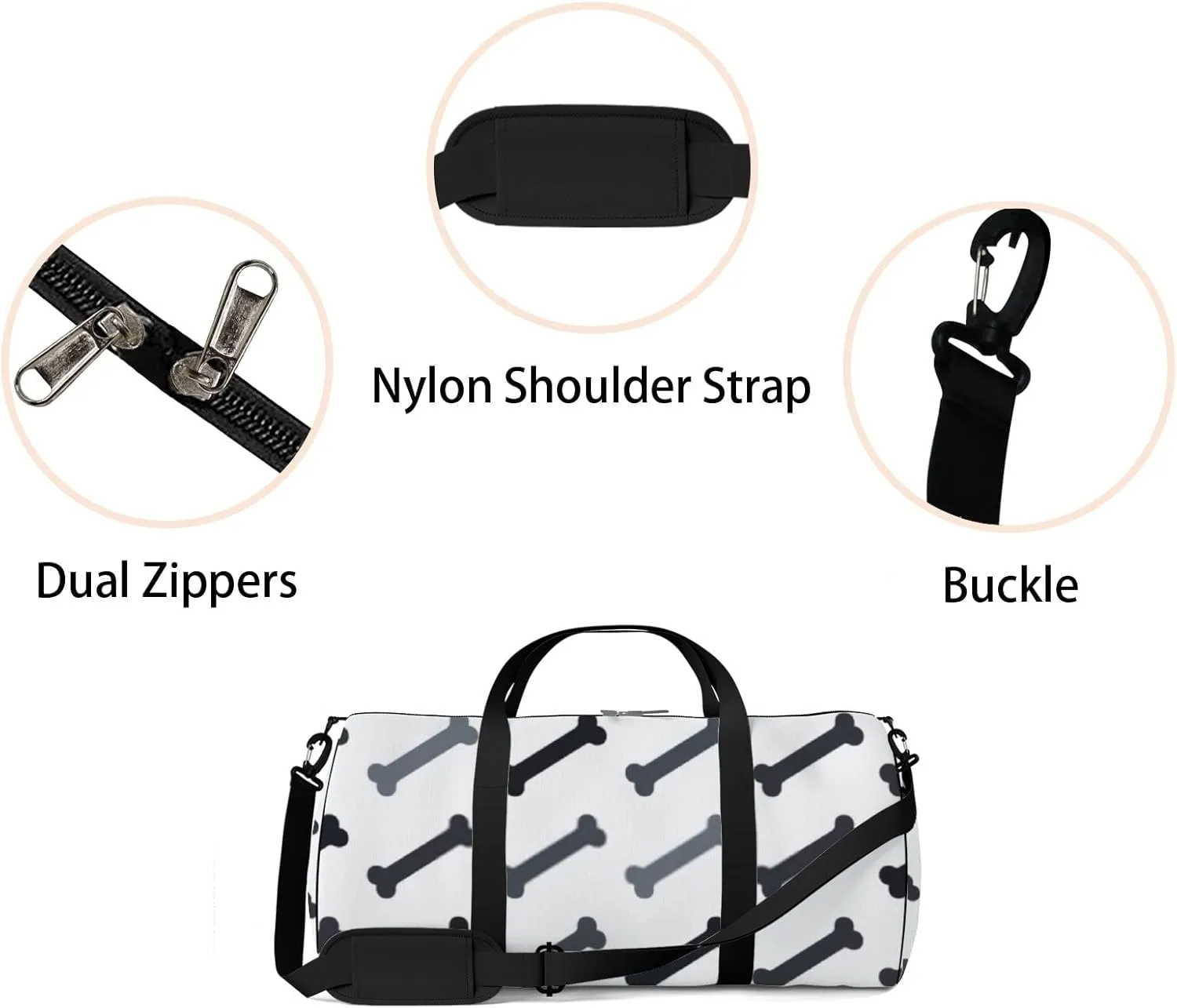 Sports Gym Bag for Women and Men Waterproof Hand Drawn Bones Pattern Duffel Bag Lightweight Carryon Traveling Boarding Gripsack