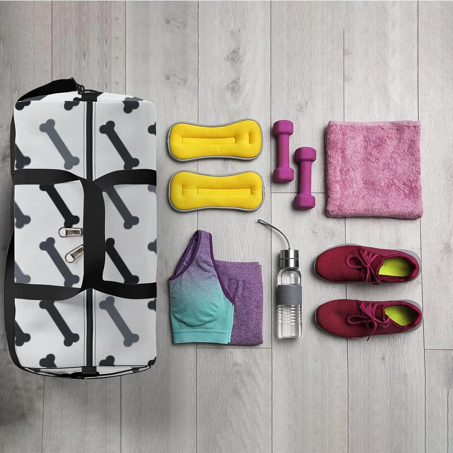 Sports Gym Bag for Women and Men Waterproof Hand Drawn Bones Pattern Duffel Bag Lightweight Carryon Traveling Boarding Gripsack