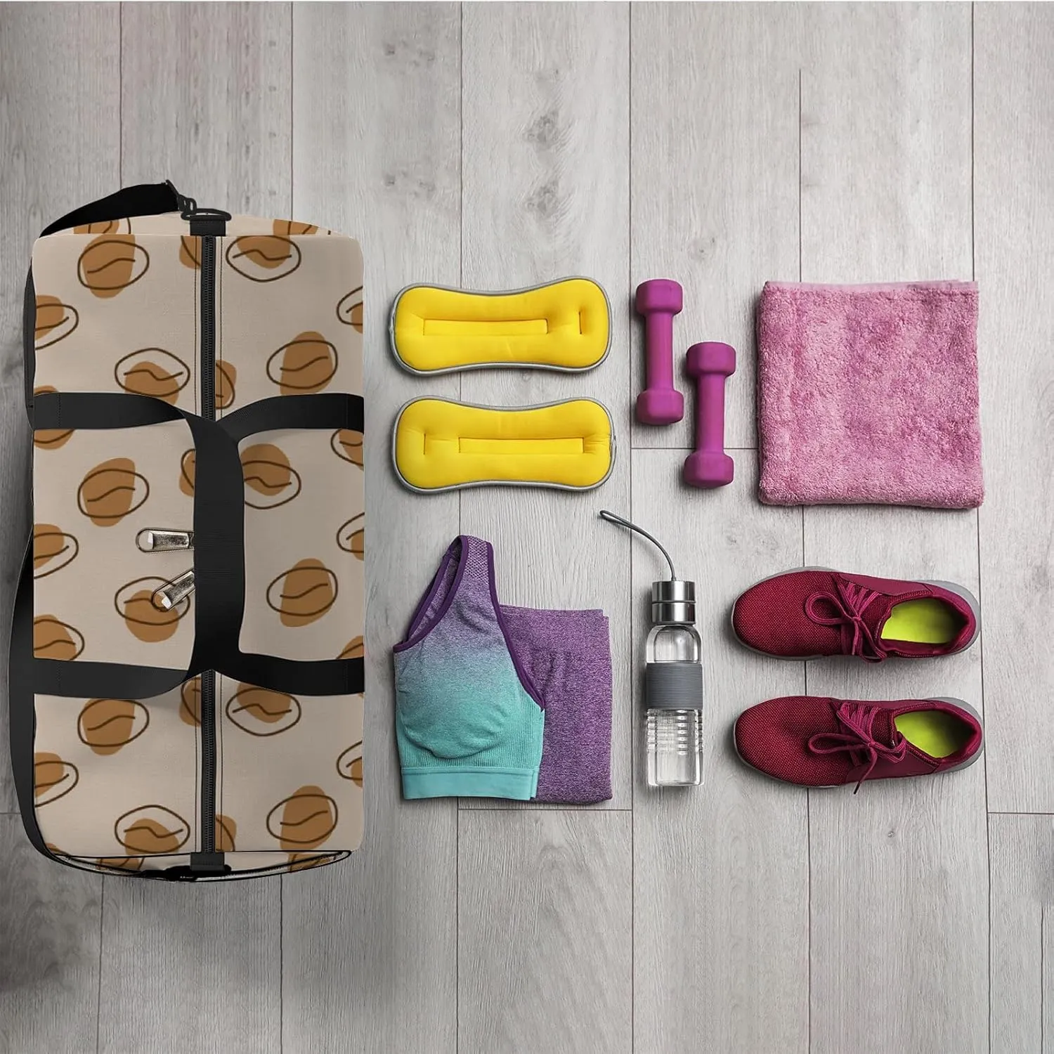 Sports Gym Bag for Women and Men Waterproof Hand Drawn Pattern Brown Duffel Bag Lightweight Carryon Traveling Boarding Gripsack