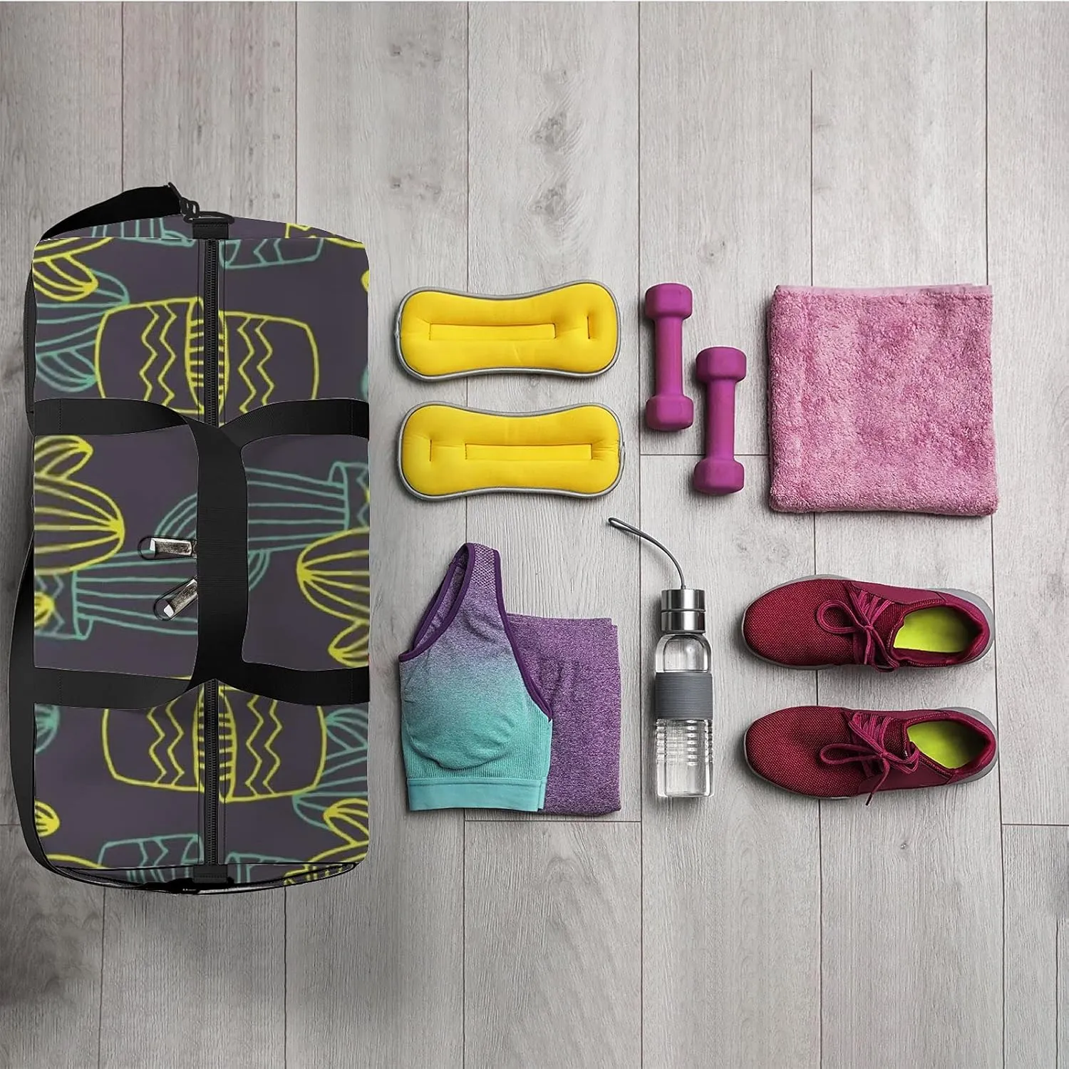 Sports Gym Bag for Women and Men Waterproof Hand Drawn Sketch Cactuses Mexican Style Duffel Bag Lightweight Carryon Traveling Boarding Gripsack
