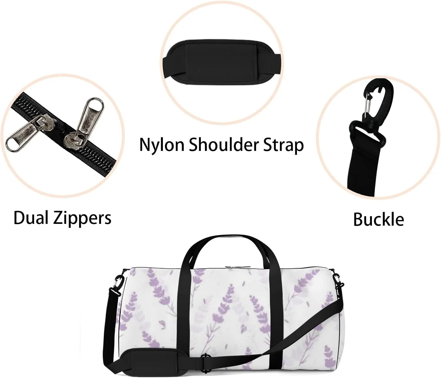 Sports Gym Bag for Women and Men Waterproof Lavender Flowers Light Purple Duffel Bag Lightweight Carryon Traveling Boarding Gripsack