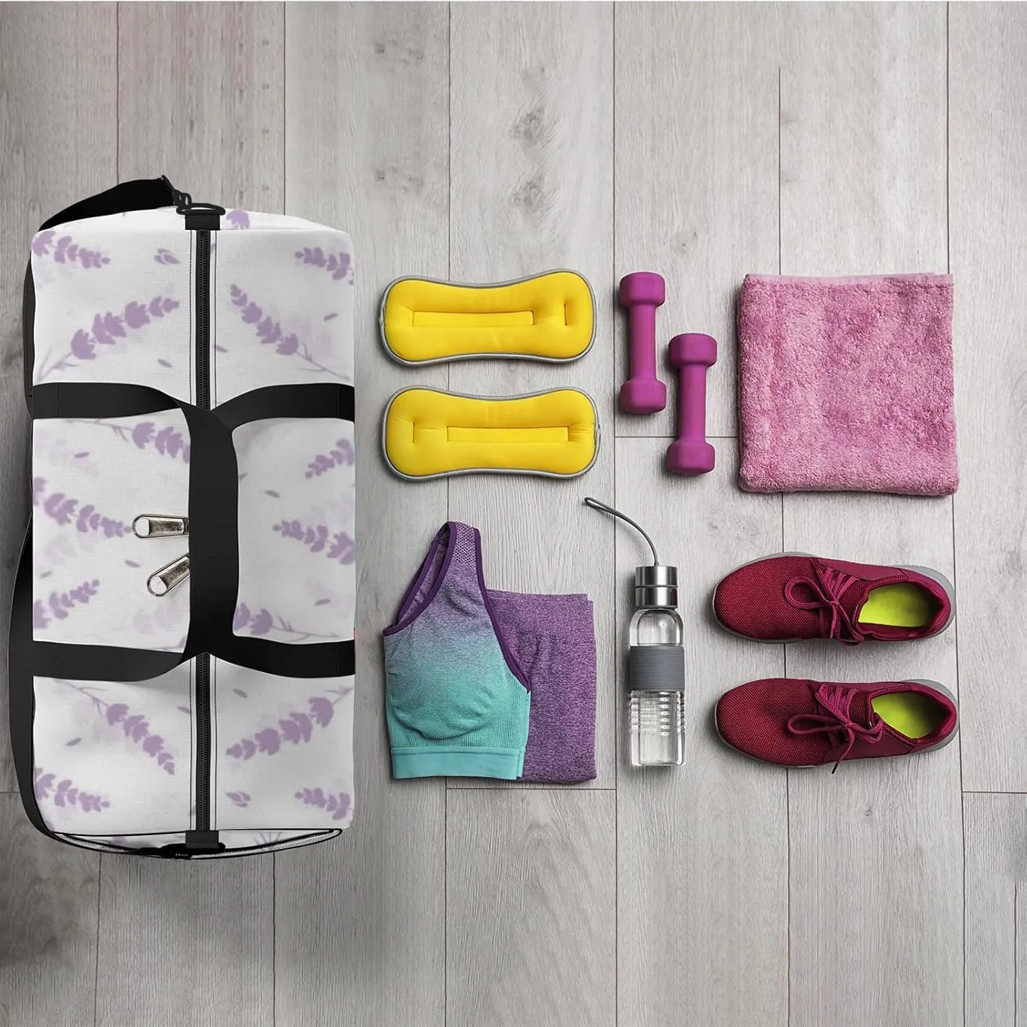 Sports Gym Bag for Women and Men Waterproof Lavender Flowers Light Purple Duffel Bag Lightweight Carryon Traveling Boarding Gripsack