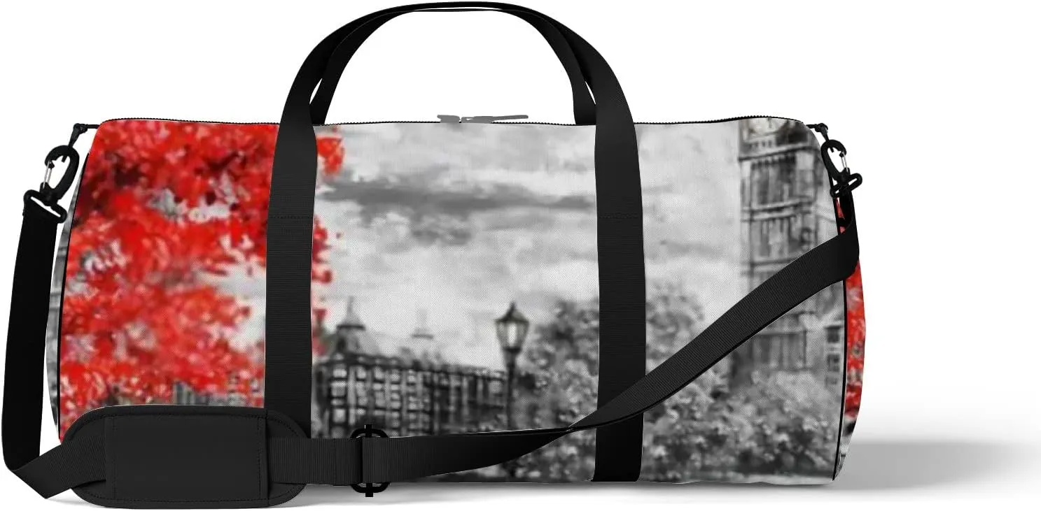 Sports Gym Bag for Women and Men Waterproof Oil Painting London Street Red Tree Duffel Bag Lightweight Carryon Traveling Boarding Gripsack