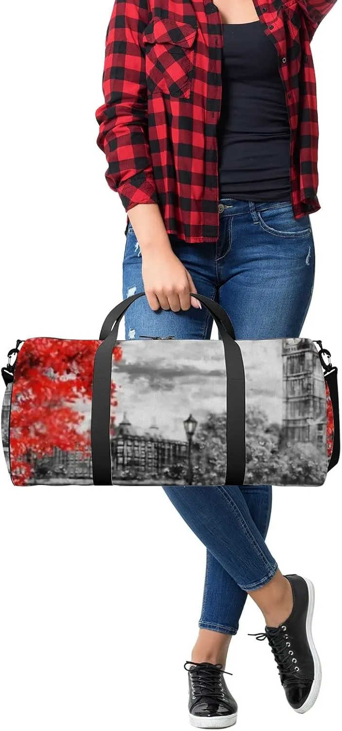 Sports Gym Bag for Women and Men Waterproof Oil Painting London Street Red Tree Duffel Bag Lightweight Carryon Traveling Boarding Gripsack
