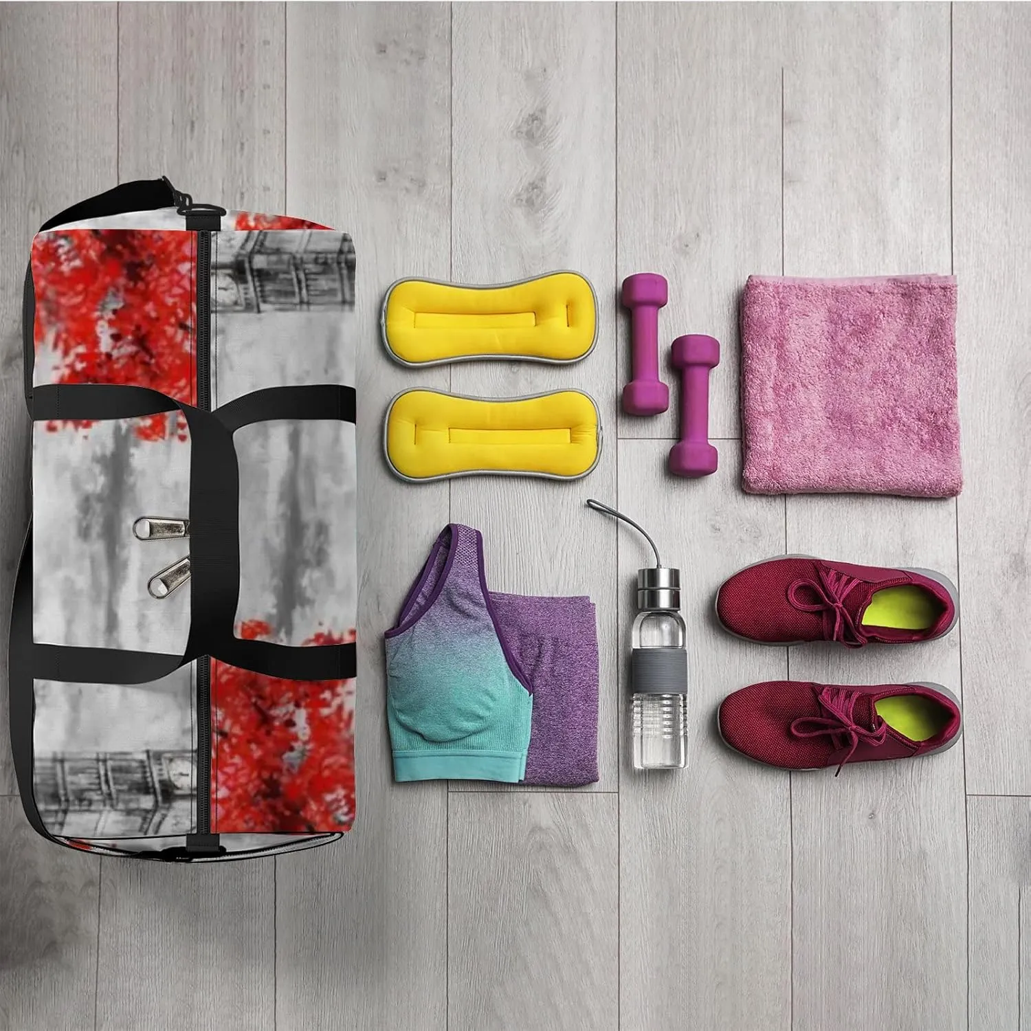 Sports Gym Bag for Women and Men Waterproof Oil Painting London Street Red Tree Duffel Bag Lightweight Carryon Traveling Boarding Gripsack