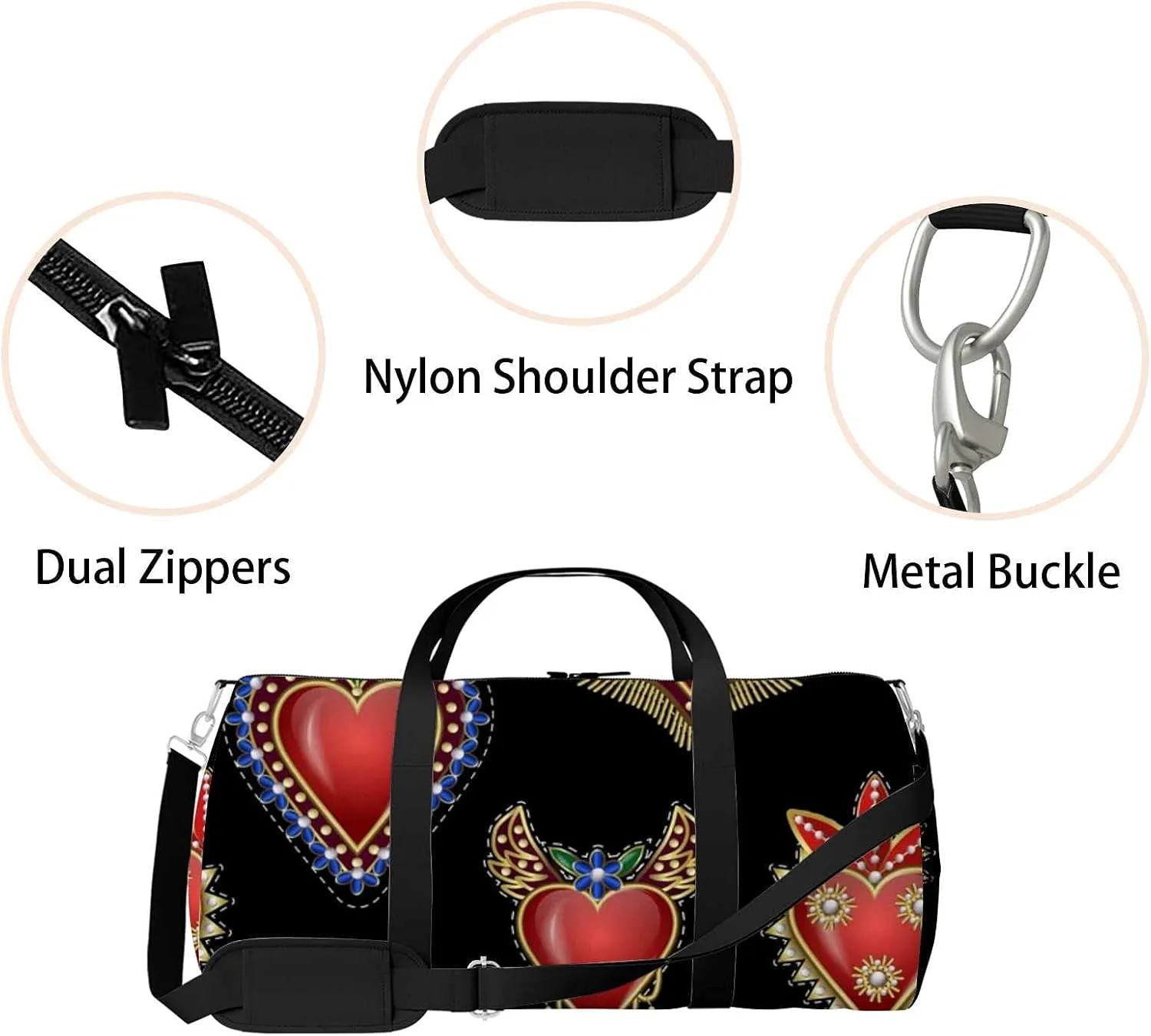 Sports Gym Bag for Women and Men Waterproof Pattern Traditional Mexican Hearts Duffel Bag Lightweight Carryon Traveling Boarding Gripsack