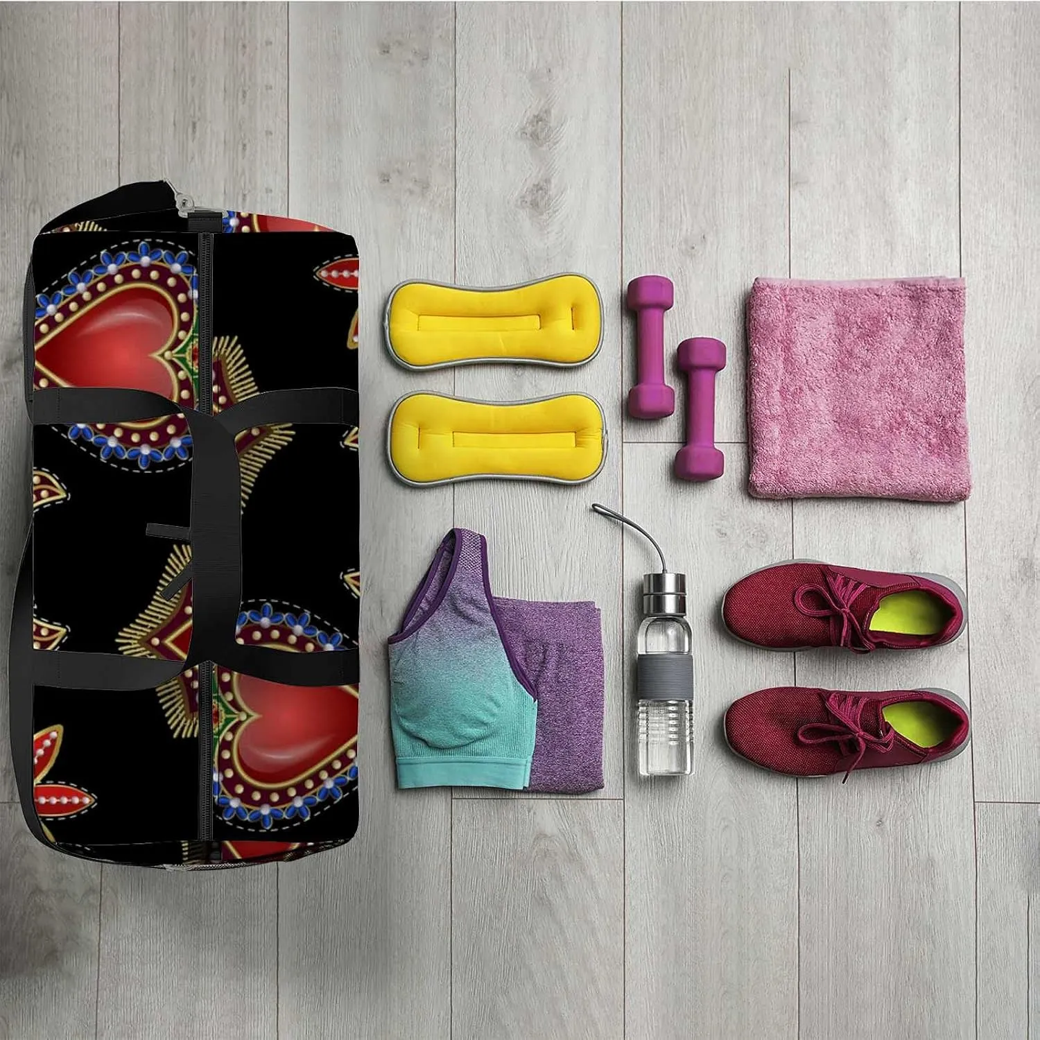 Sports Gym Bag for Women and Men Waterproof Pattern Traditional Mexican Hearts Duffel Bag Lightweight Carryon Traveling Boarding Gripsack