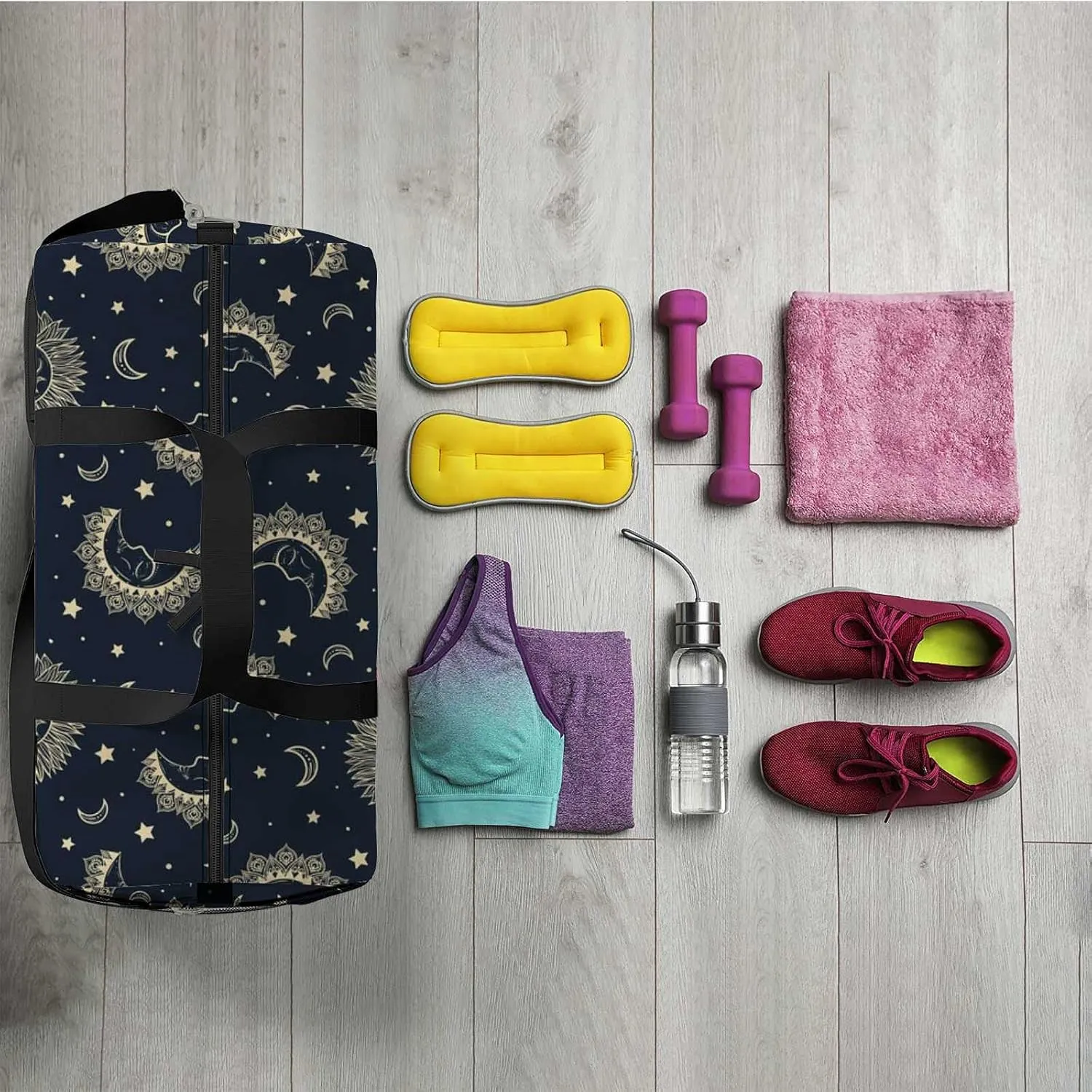 Sports Gym Bag for Women and Men Waterproof PatternSun Moon Stars Duffel Bag Lightweight Carryon Traveling Boarding Gripsack