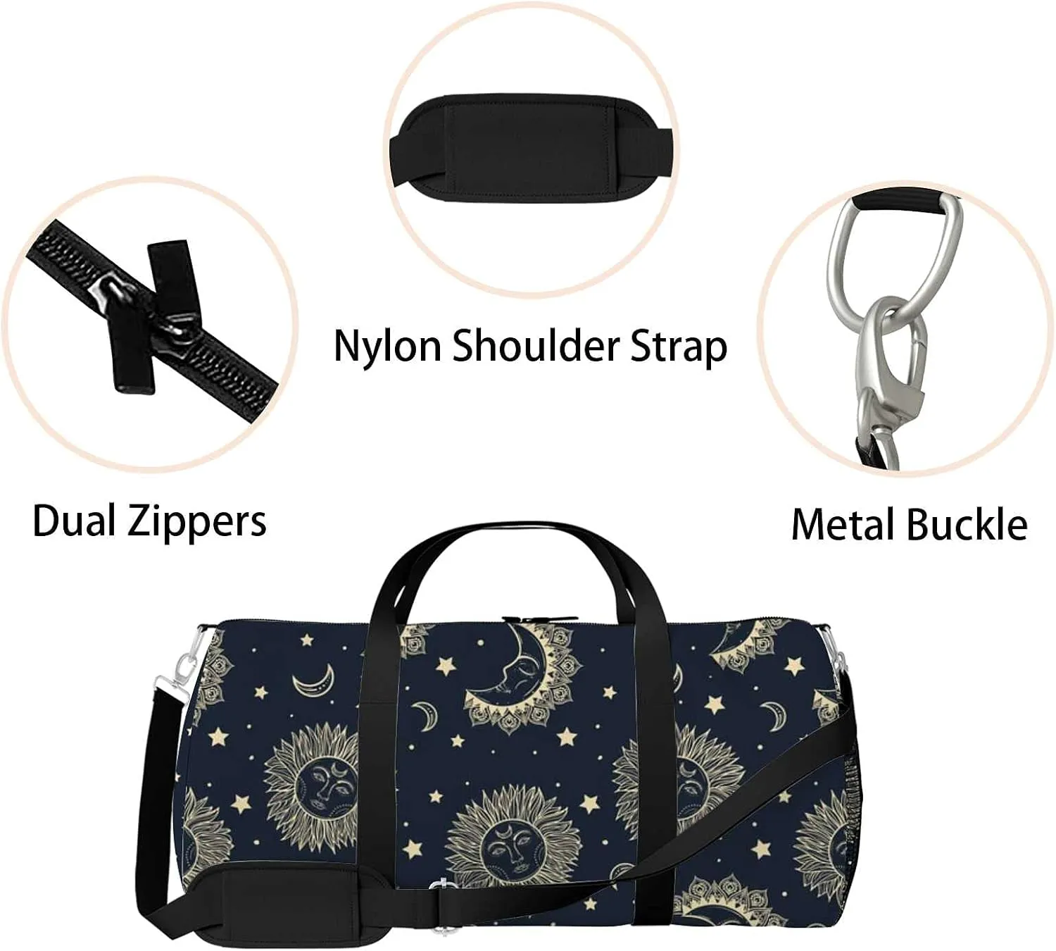 Sports Gym Bag for Women and Men Waterproof PatternSun Moon Stars Duffel Bag Lightweight Carryon Traveling Boarding Gripsack