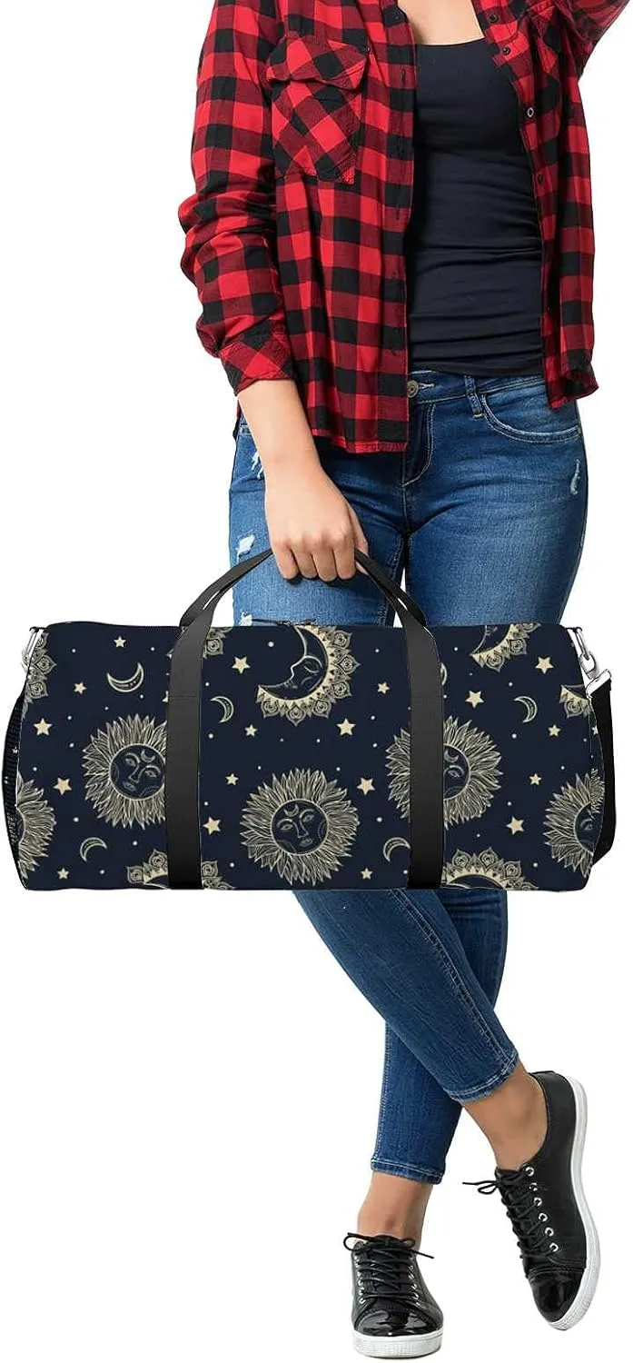 Sports Gym Bag for Women and Men Waterproof PatternSun Moon Stars Duffel Bag Lightweight Carryon Traveling Boarding Gripsack
