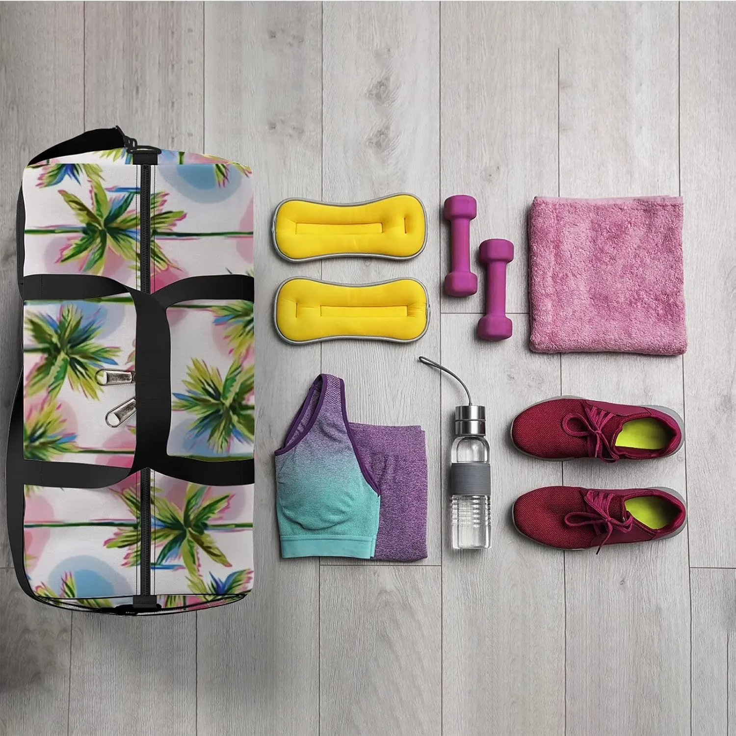 Sports Gym Bag for Women and Men Waterproof Summer Tropical Trees Green Duffel Bag Lightweight Carryon Traveling Boarding Gripsack