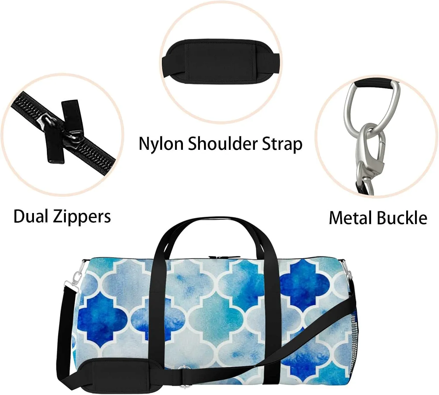 Sports Gym Bag for Women and Men Waterproof Traditional Pattern Blue Duffel Bag Lightweight Carryon Traveling Boarding Gripsack