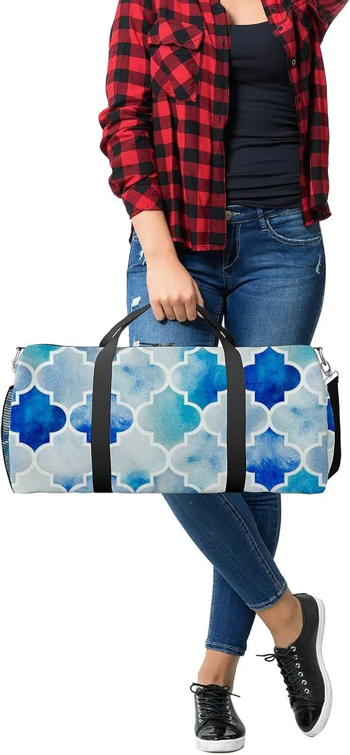 Sports Gym Bag for Women and Men Waterproof Traditional Pattern Blue Duffel Bag Lightweight Carryon Traveling Boarding Gripsack