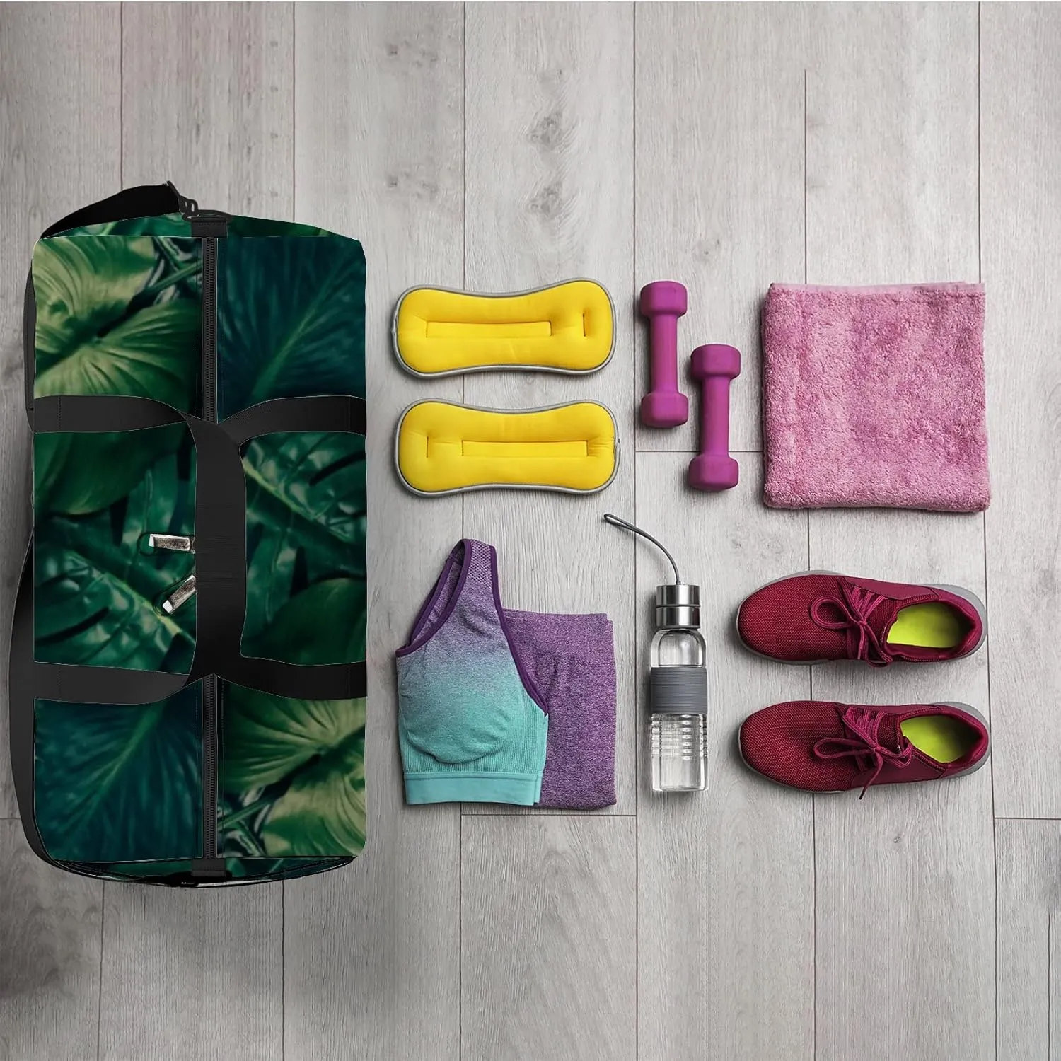 Sports Gym Bag for Women and Men Waterproof Tropical Green Leaves Pattern Duffel Bag Lightweight Carryon Traveling Boarding Gripsack
