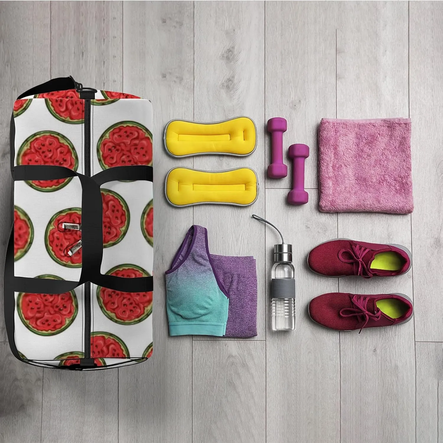 Sports Gym Bag for Women and Men Waterproof Watermelon Sketch Style Duffel Bag Lightweight Carryon Traveling Boarding Gripsack