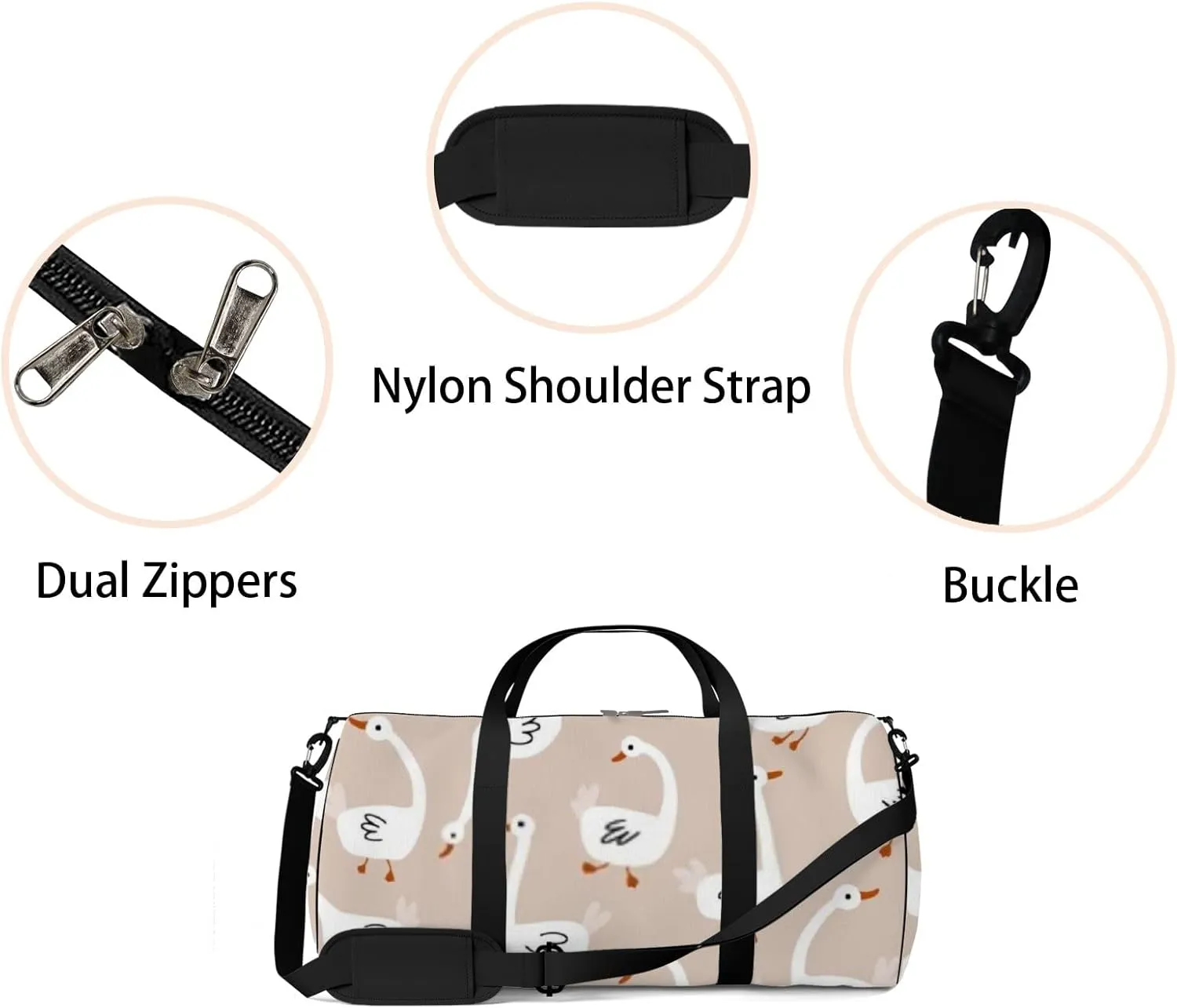 Sports Gym Bag for Women and Men Waterproof White Goose Cute Cartoon Style Duffel Bag Lightweight Carryon Traveling Boarding Gripsack