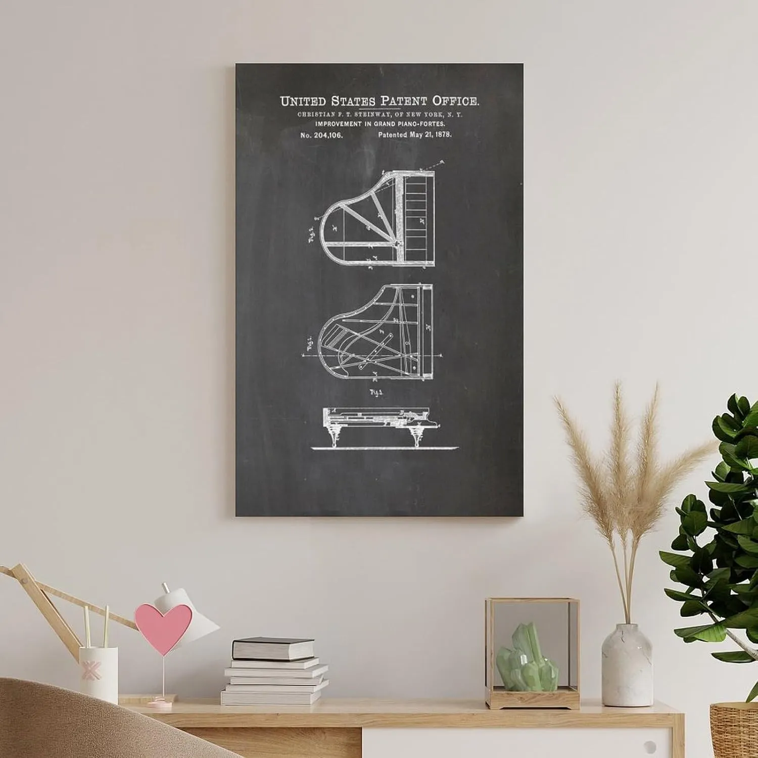 Steinway Piano Patent Posters Music Room Decoration Music Teacher Gift Artworks Canvas Poster Room Aesthetic Wall Art Prints Home Modern Decor Framed-