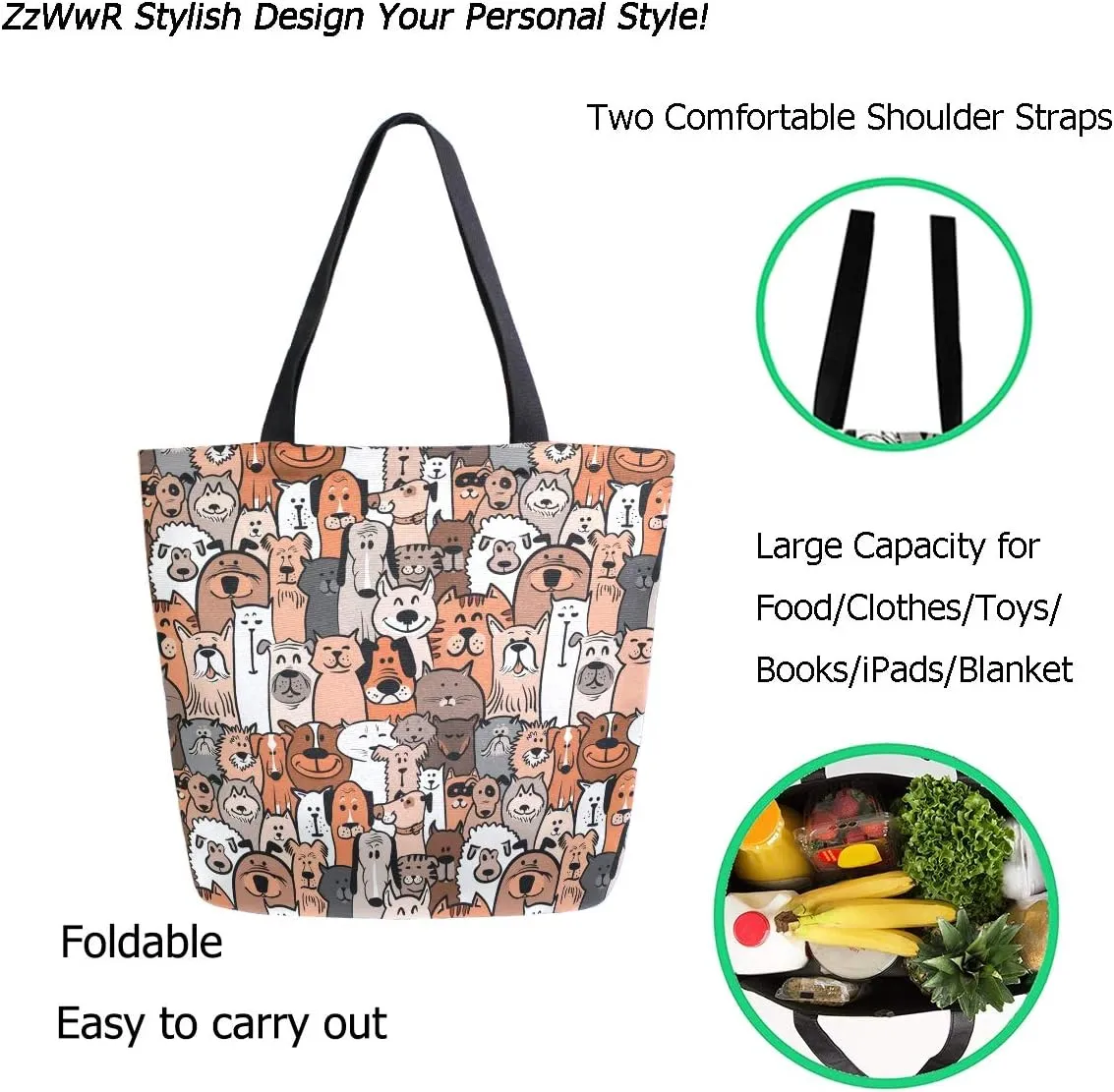 Stylish Funny Pattern Extra Large Shoulder Tote Bag for Beach Travel Weekender Gym Grocery Shopping