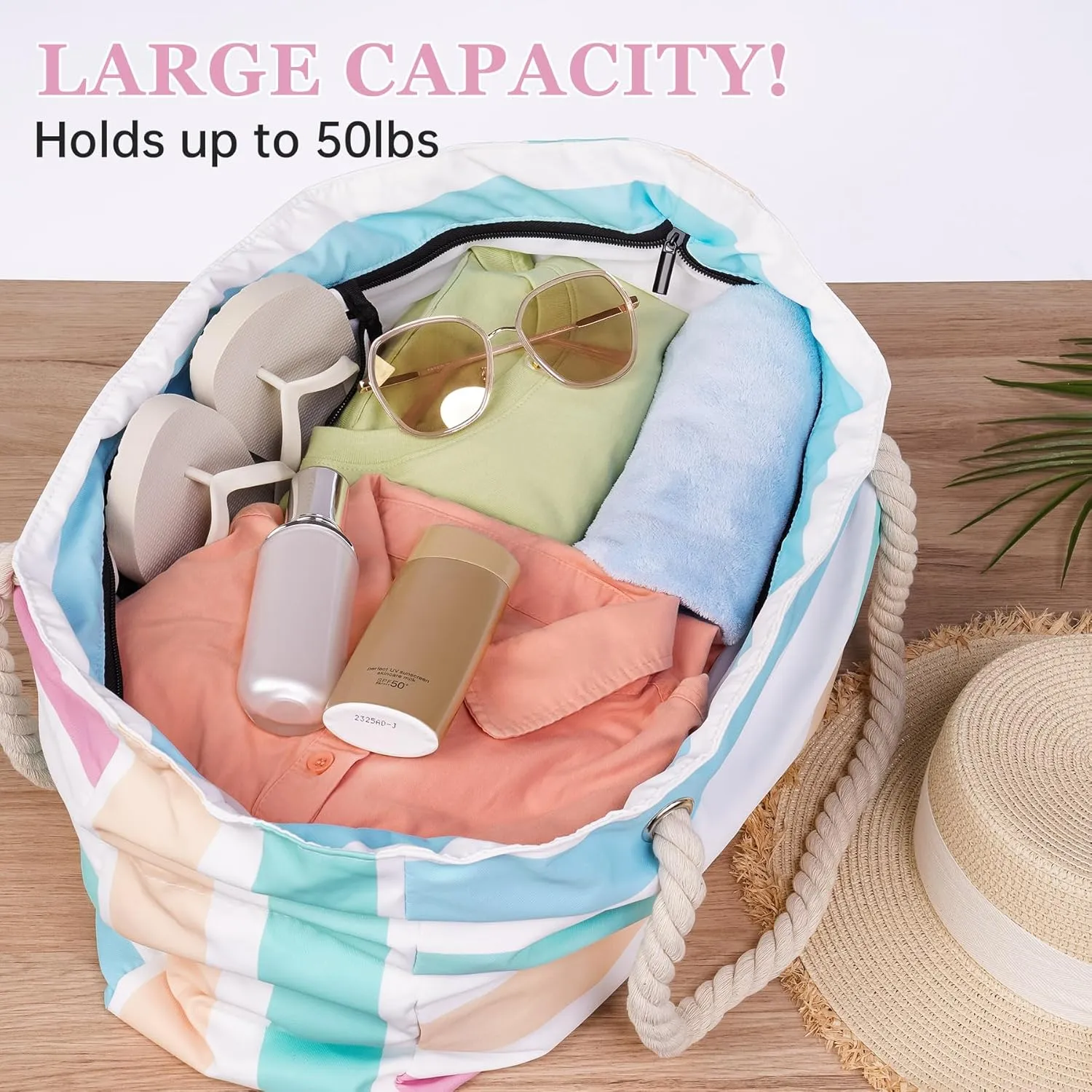 Stylish Waterproof Beach Tote Bag for Women, Large Capacity Zipper Closure with Rope Shoulder Straps
