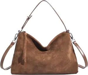 Suede Tote Bags for Women Genuine Leather Suede Purse Handbag Vintage Slouchy Hobo Shoulder Crossbody Bag