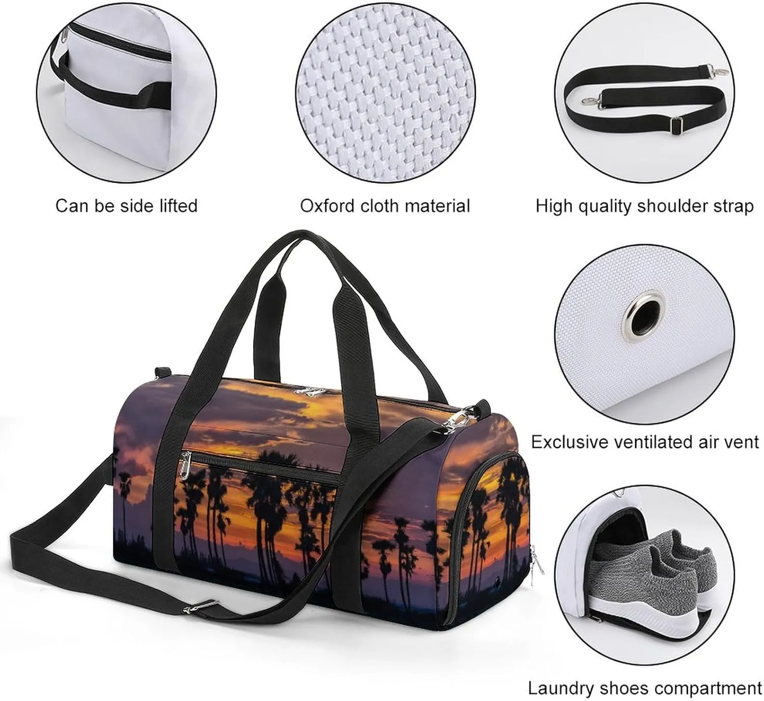 Sugar Palms Trees after Sunset Sports Tote Gym Bag for Women Men, Overnight Bag with Shoe Compartment Water Resistant