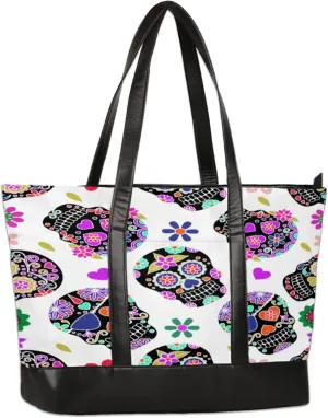 Sugar Skull Heart Flower Laptop Tote Bag for Women Lightweight Work Purse with Multiple Compartments Fits 13-15.6 Inch Laptop Tablet Shoulder Bag for Office Travel Daily Use