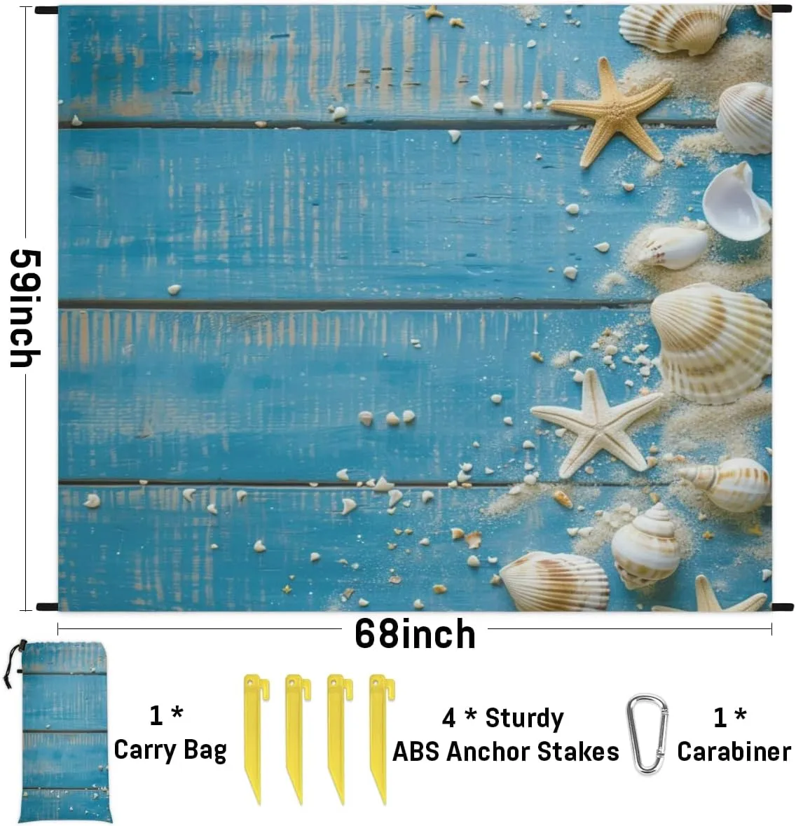 Summer Beach Beach Blanket, Sandproof Beach Mat, Adults Waterproof Quick Drying Sand Free Mat with 4 x Ground Spikes for Outdoor Travel Camping Hiking, Beach Theme Seashells Starfish