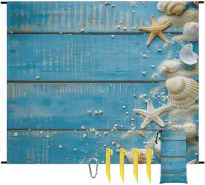 Summer Beach Beach Blanket, Sandproof Beach Mat, Adults Waterproof Quick Drying Sand Free Mat with 4 x Ground Spikes for Outdoor Travel Camping Hiking, Beach Theme Seashells Starfish