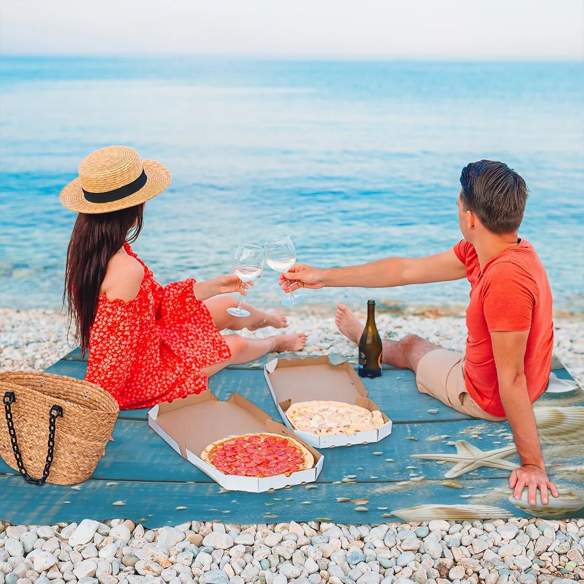 Summer Beach Beach Blanket, Sandproof Beach Mat, Adults Waterproof Quick Drying Sand Free Mat with 4 x Ground Spikes for Outdoor Travel Camping Hiking, Beach Theme Seashells Starfish