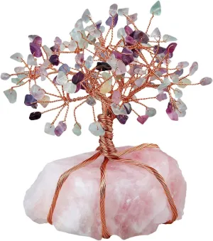 SUNYIK Natural Rainbow Fluorite Money Tree Wrapped on Rose Quartz Cluster Base Bonsai Sculpture Figurine 3.5 Inches