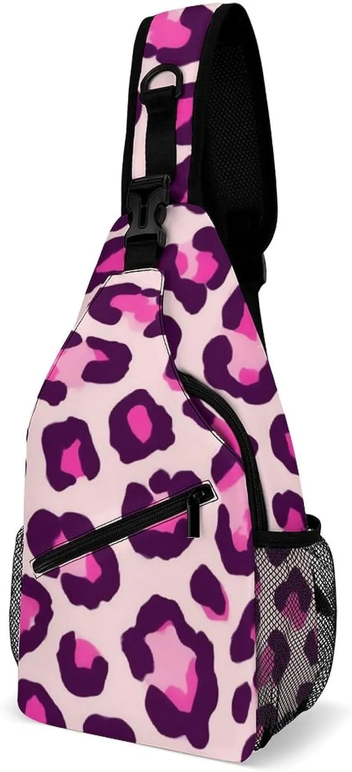 Supdreamc Men & Women Sling Shoulder Backpack Cheetah Leopard Print Floral Pink Outdoor Sport Daypack Travel Bag - Multipurpose Anti-Theft Tote Bags, Durable Crossbody Shoulder Bag