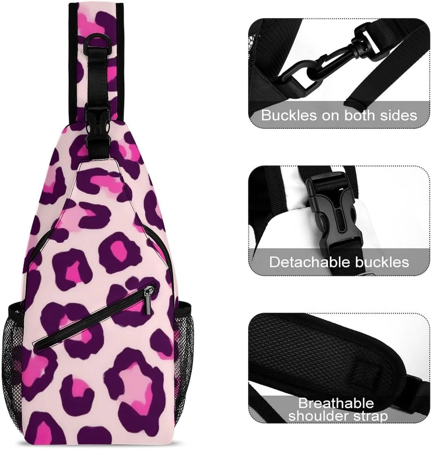 Supdreamc Men & Women Sling Shoulder Backpack Cheetah Leopard Print Floral Pink Outdoor Sport Daypack Travel Bag - Multipurpose Anti-Theft Tote Bags, Durable Crossbody Shoulder Bag